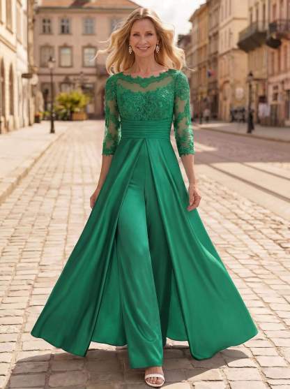 Jumpsuit/Pantsuit Scoop Neck 3/4 Sleeves Floor-Length Crepe Satin Mother Of The Bride Dresses