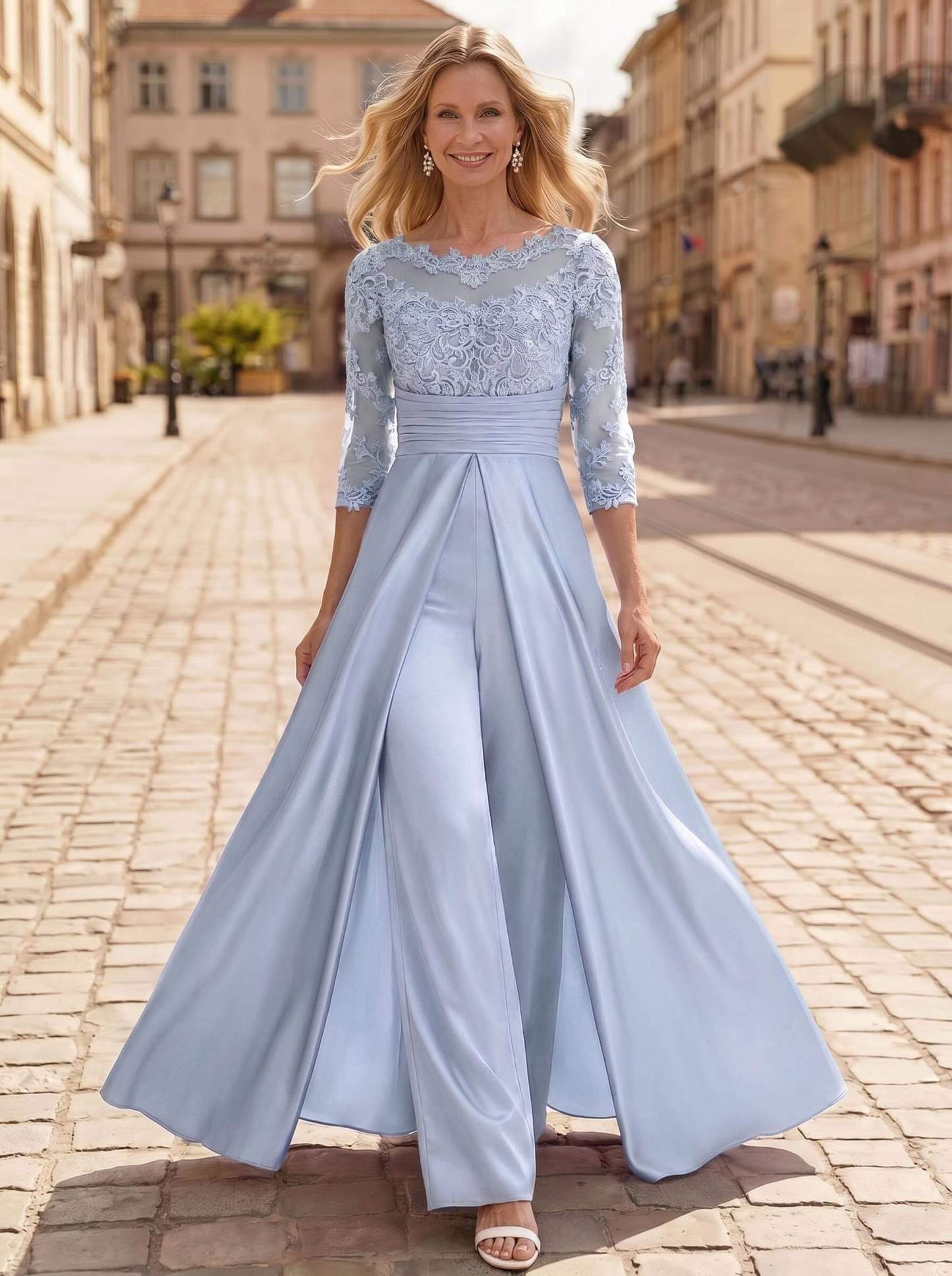 Jumpsuit/Pantsuit Scoop Neck 3/4 Sleeves Floor-Length Crepe Satin Mother Of The Bride Dresses