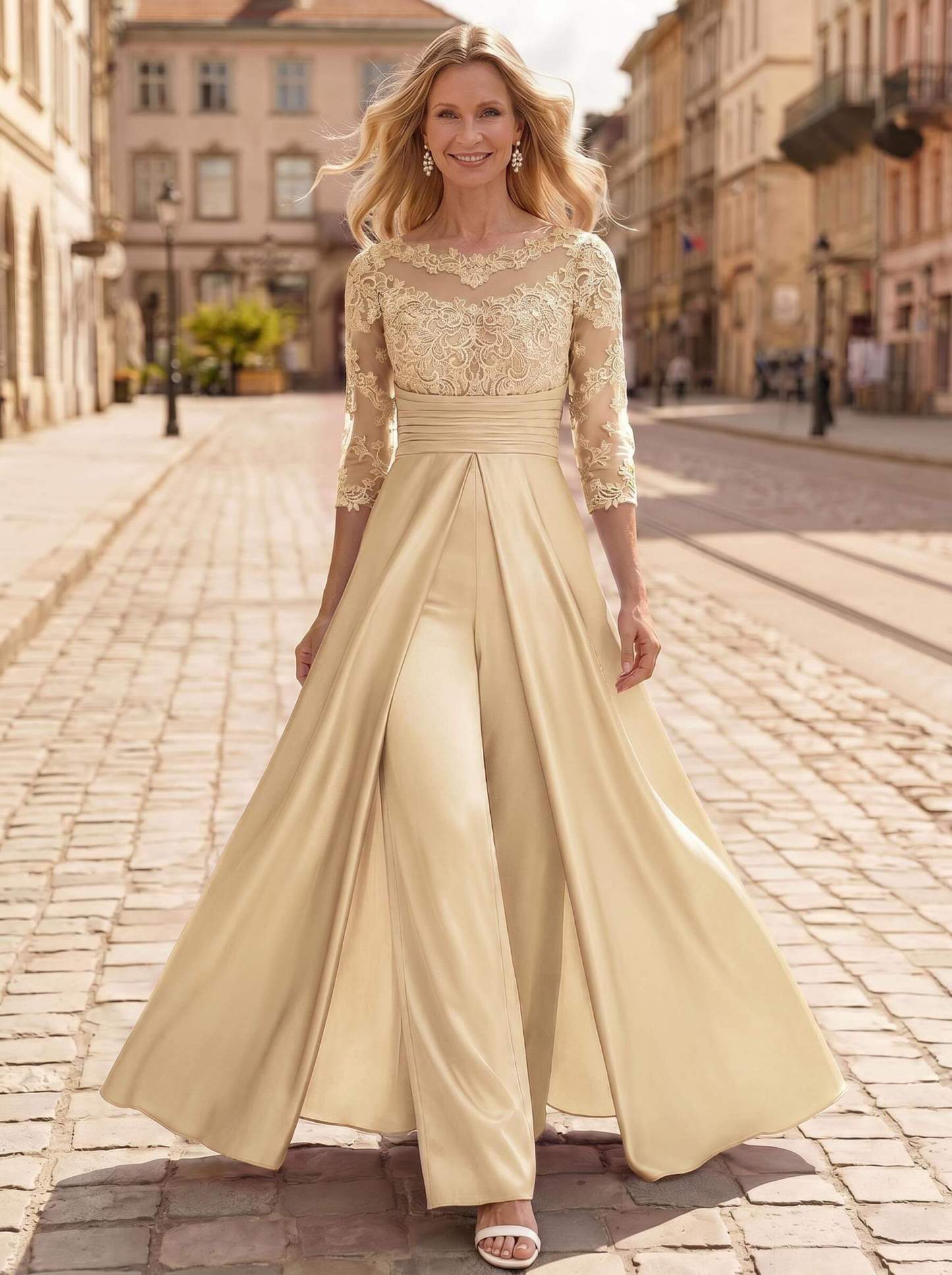 Jumpsuit/Pantsuit Scoop Neck 3/4 Sleeves Floor-Length Crepe Satin Mother Of The Bride Dresses