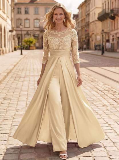 Jumpsuit/Pantsuit Scoop Neck 3/4 Sleeves Floor-Length Crepe Satin Mother Of The Bride Dresses