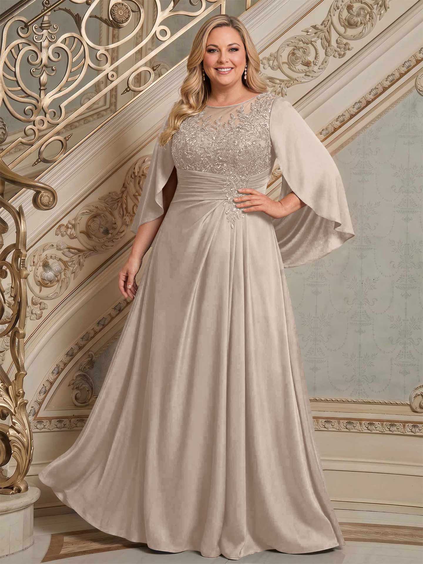 A-Line Scoop Neck Cape Sleeves Floor-Length Stretch Satin Mother Of The Bride Dresses