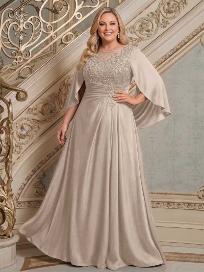 A-Line Scoop Neck Cape Sleeves Floor-Length Stretch Satin Mother Of The Bride Dresses