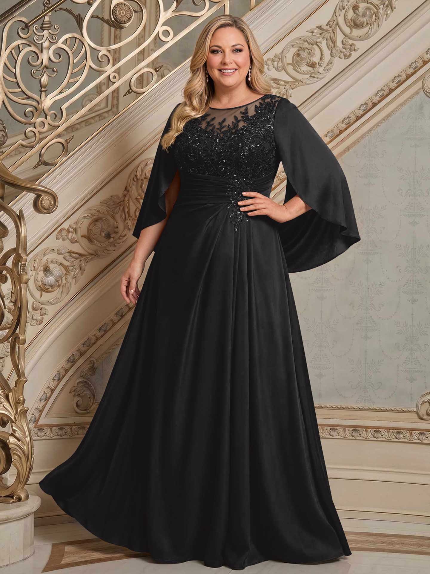 A-Line Scoop Neck Cape Sleeves Floor-Length Stretch Satin Mother Of The Bride Dresses