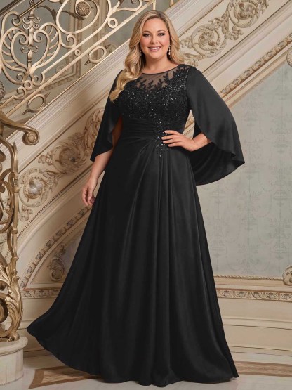 A-Line Scoop Neck Cape Sleeves Floor-Length Stretch Satin Mother Of The Bride Dresses