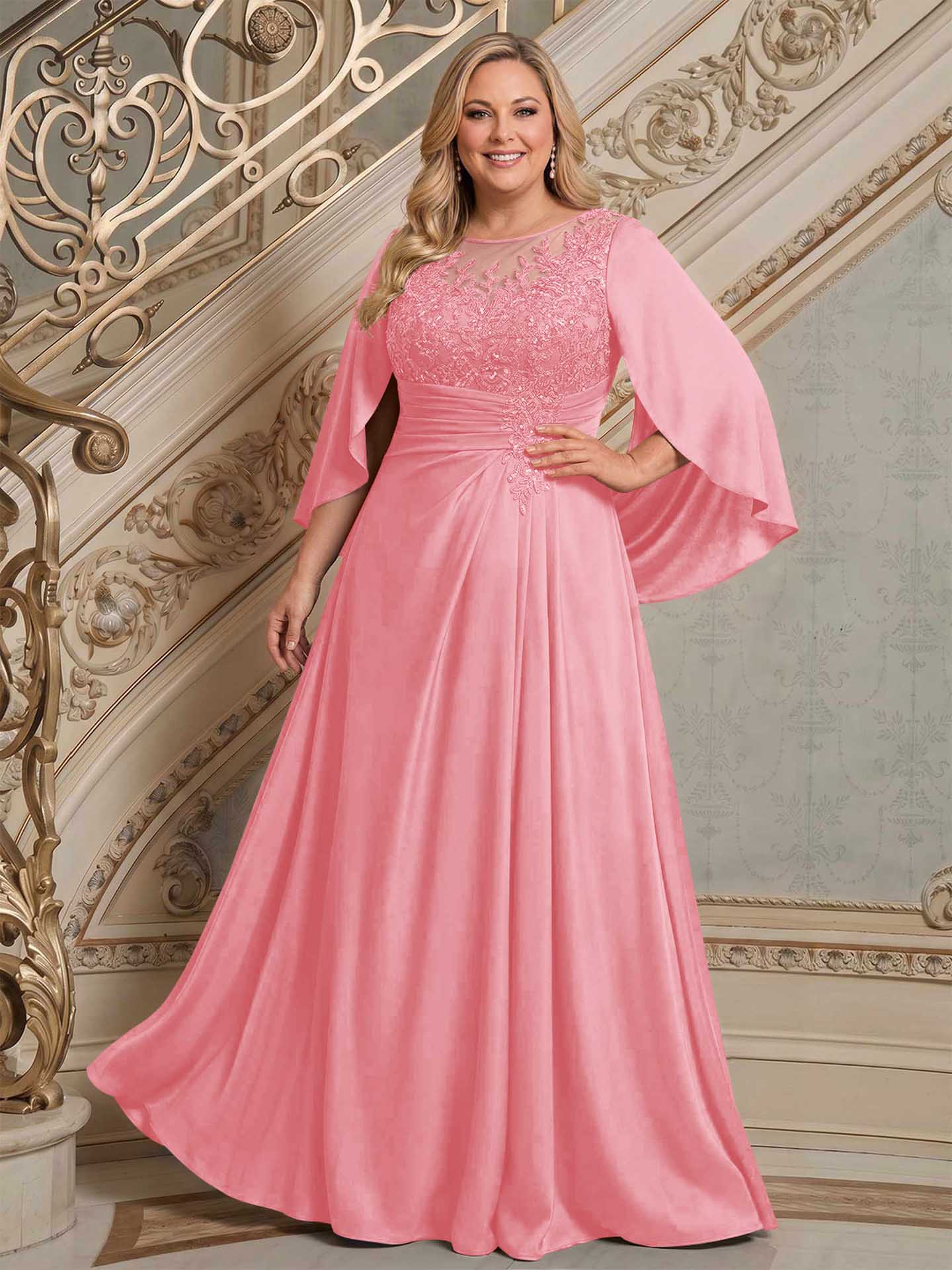 A-Line Scoop Neck Cape Sleeves Floor-Length Stretch Satin Mother Of The Bride Dresses