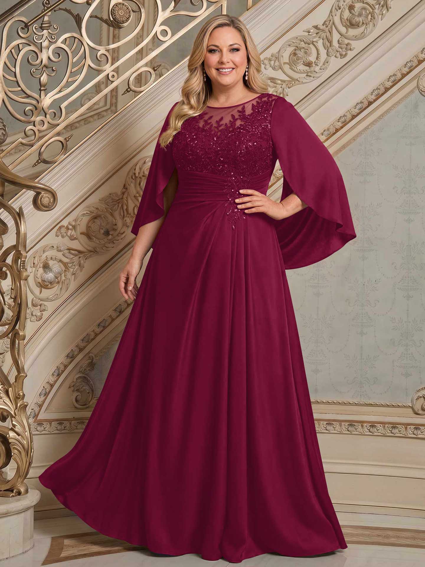 A-Line Scoop Neck Cape Sleeves Floor-Length Stretch Satin Mother Of The Bride Dresses