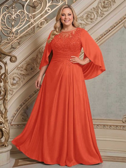 A-Line Scoop Neck Cape Sleeves Floor-Length Stretch Satin Mother Of The Bride Dresses