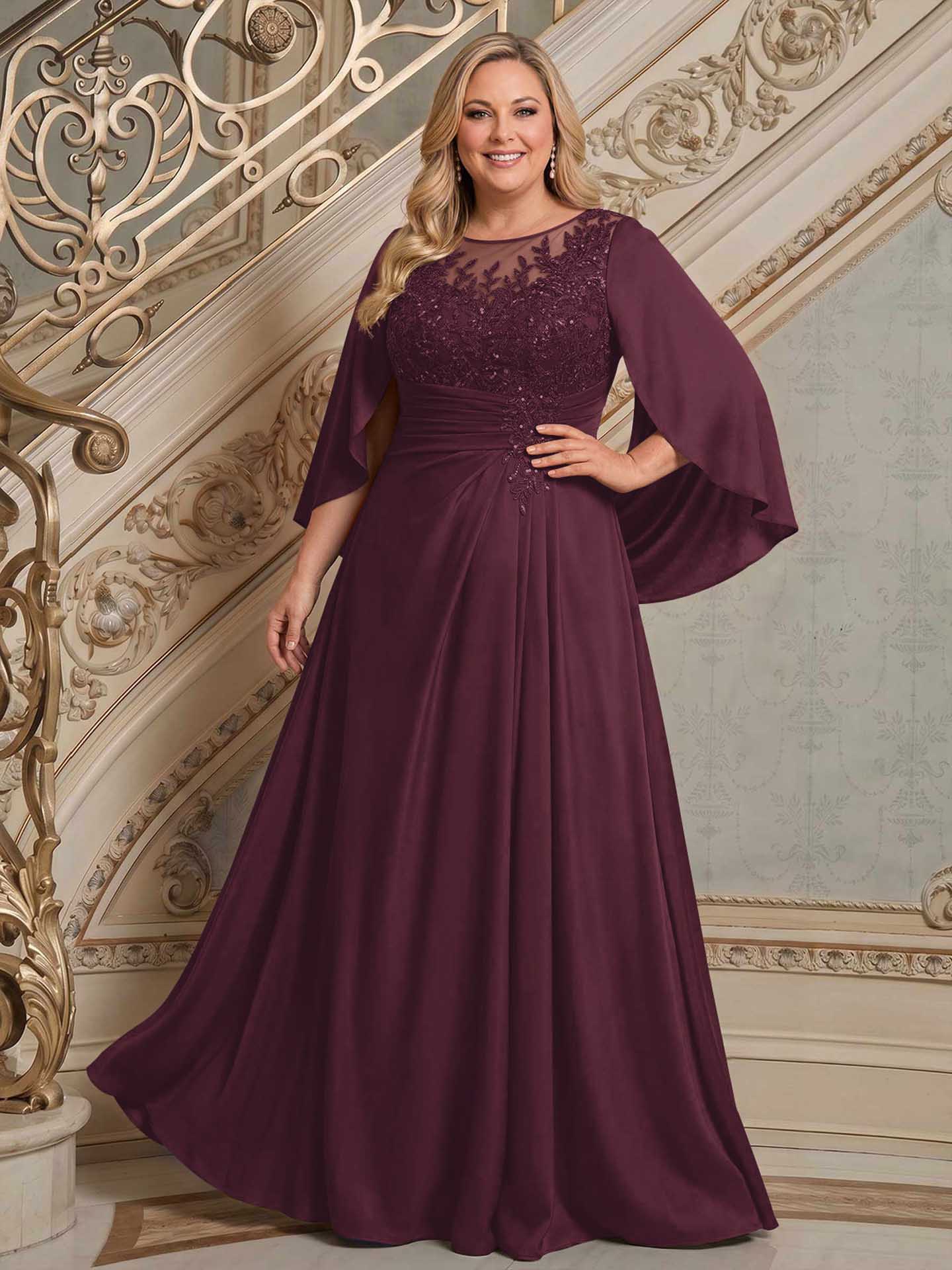 A-Line Scoop Neck Cape Sleeves Floor-Length Stretch Satin Mother Of The Bride Dresses