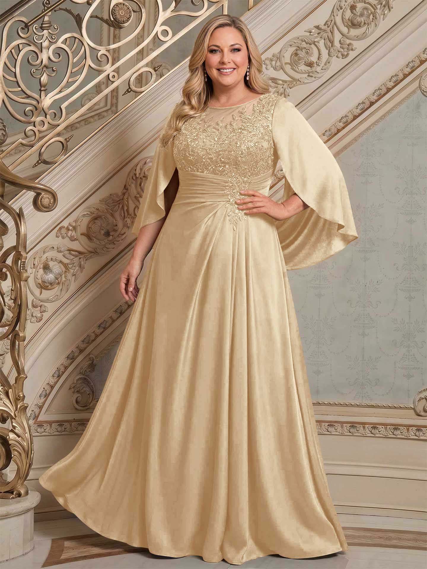 A-Line Scoop Neck Cape Sleeves Floor-Length Stretch Satin Mother Of The Bride Dresses
