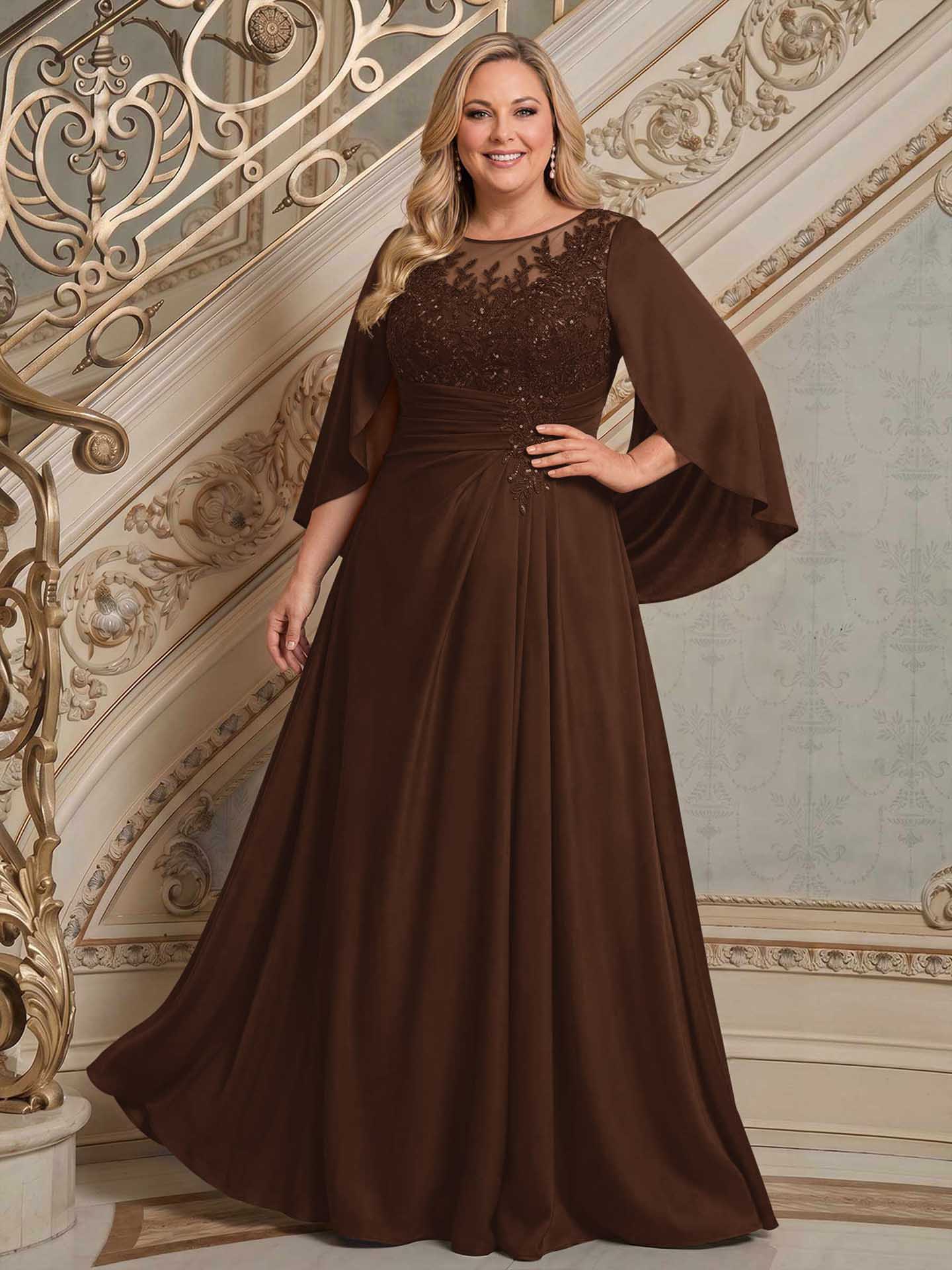 A-Line Scoop Neck Cape Sleeves Floor-Length Stretch Satin Mother Of The Bride Dresses