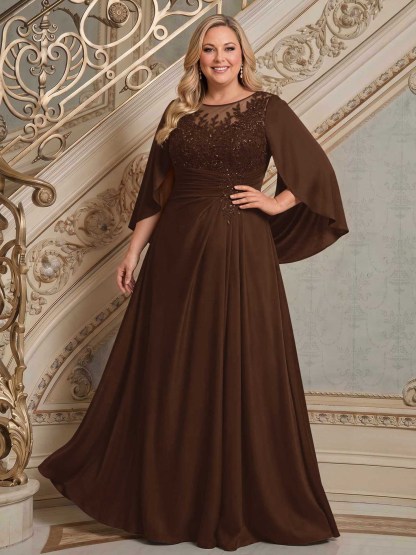 A-Line Scoop Neck Cape Sleeves Floor-Length Stretch Satin Mother Of The Bride Dresses