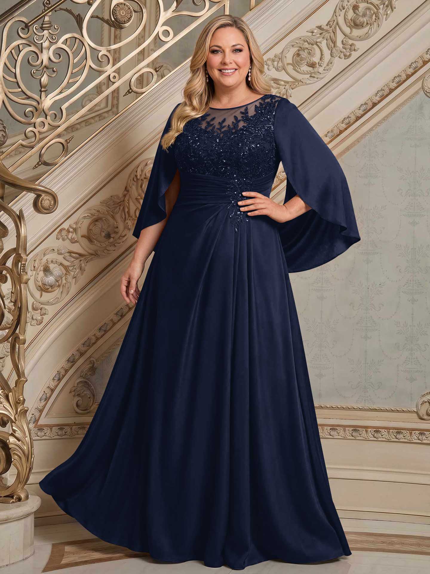 A-Line Scoop Neck Cape Sleeves Floor-Length Stretch Satin Mother Of The Bride Dresses