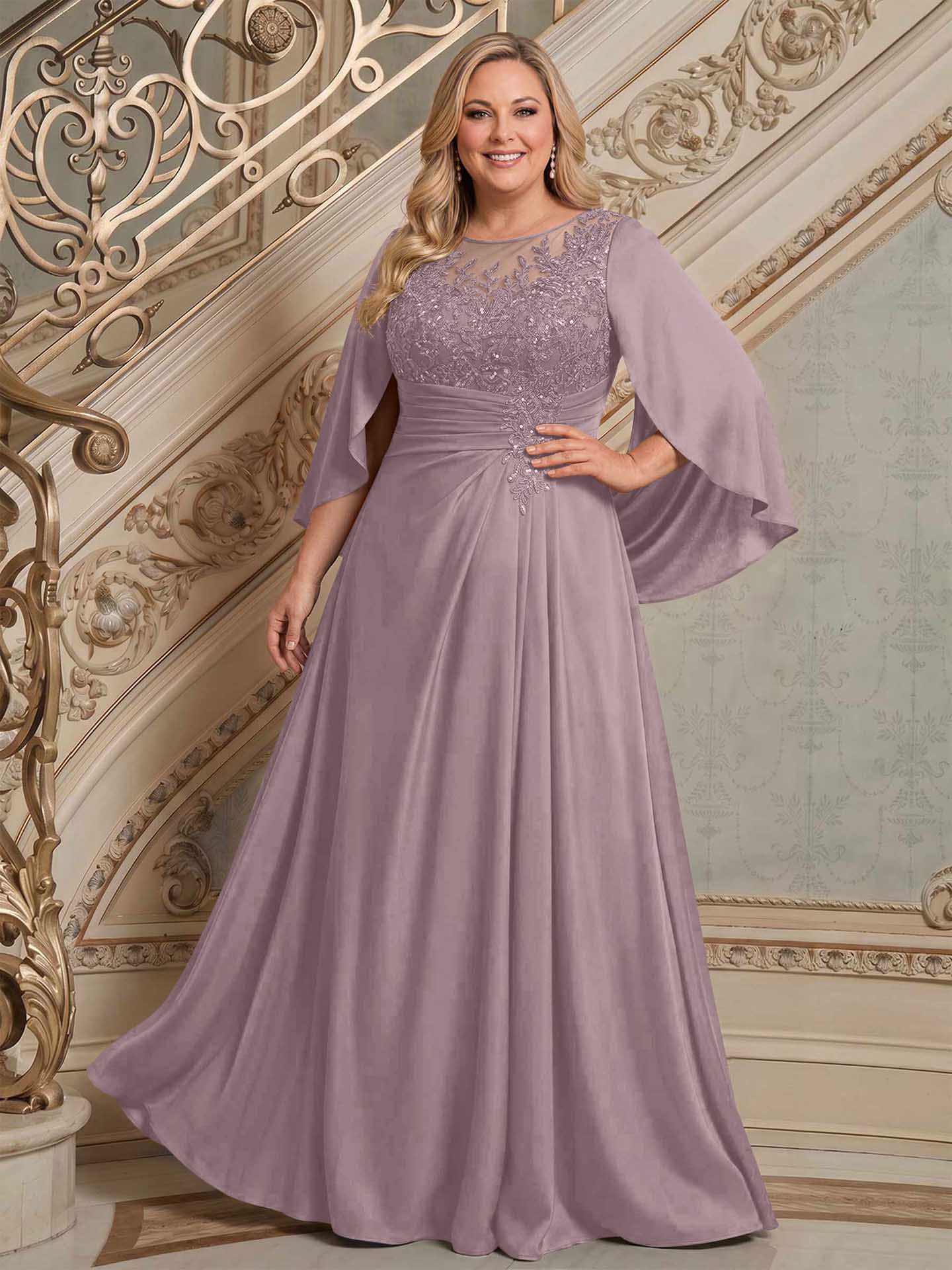 A-Line Scoop Neck Cape Sleeves Floor-Length Stretch Satin Mother Of The Bride Dresses