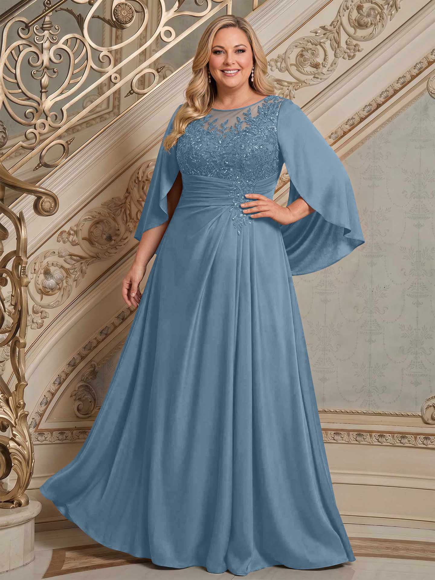 A-Line Scoop Neck Cape Sleeves Floor-Length Stretch Satin Mother Of The Bride Dresses