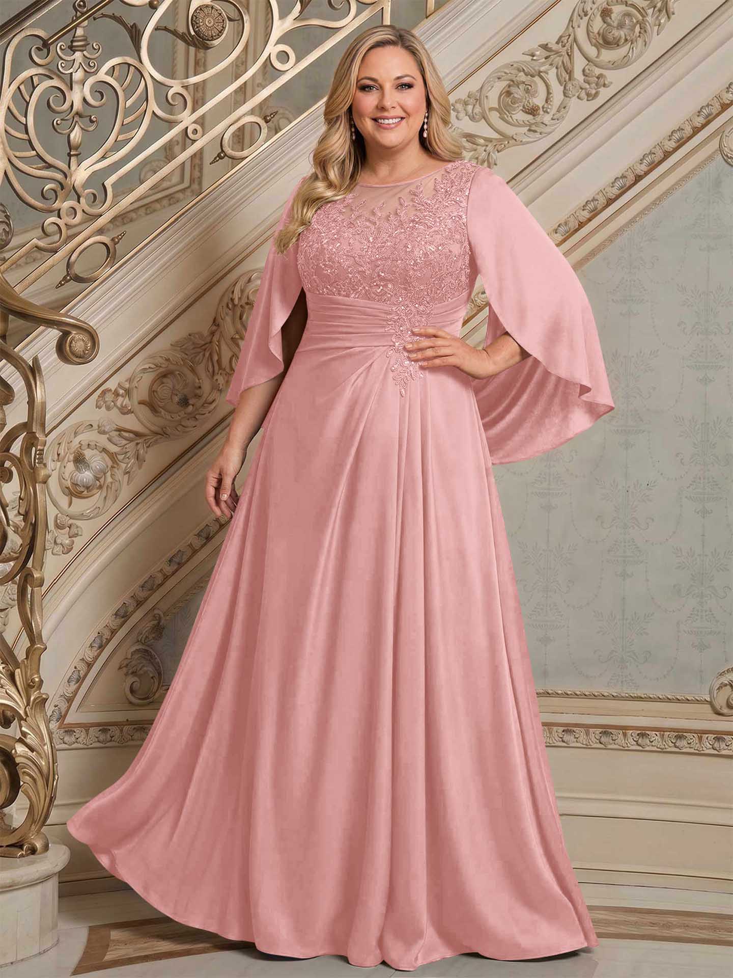 A-Line Scoop Neck Cape Sleeves Floor-Length Stretch Satin Mother Of The Bride Dresses