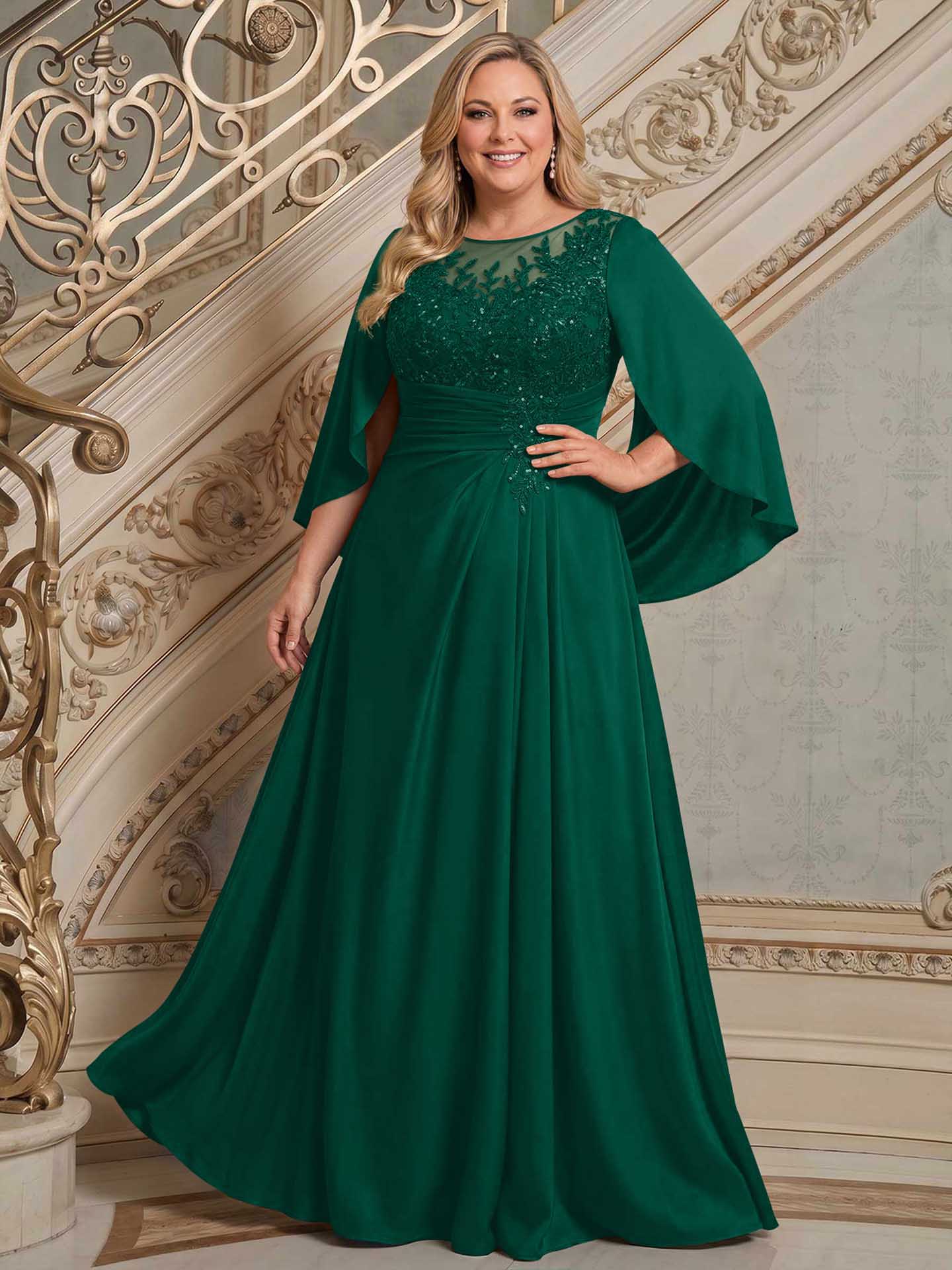 A-Line Scoop Neck Cape Sleeves Floor-Length Stretch Satin Mother Of The Bride Dresses