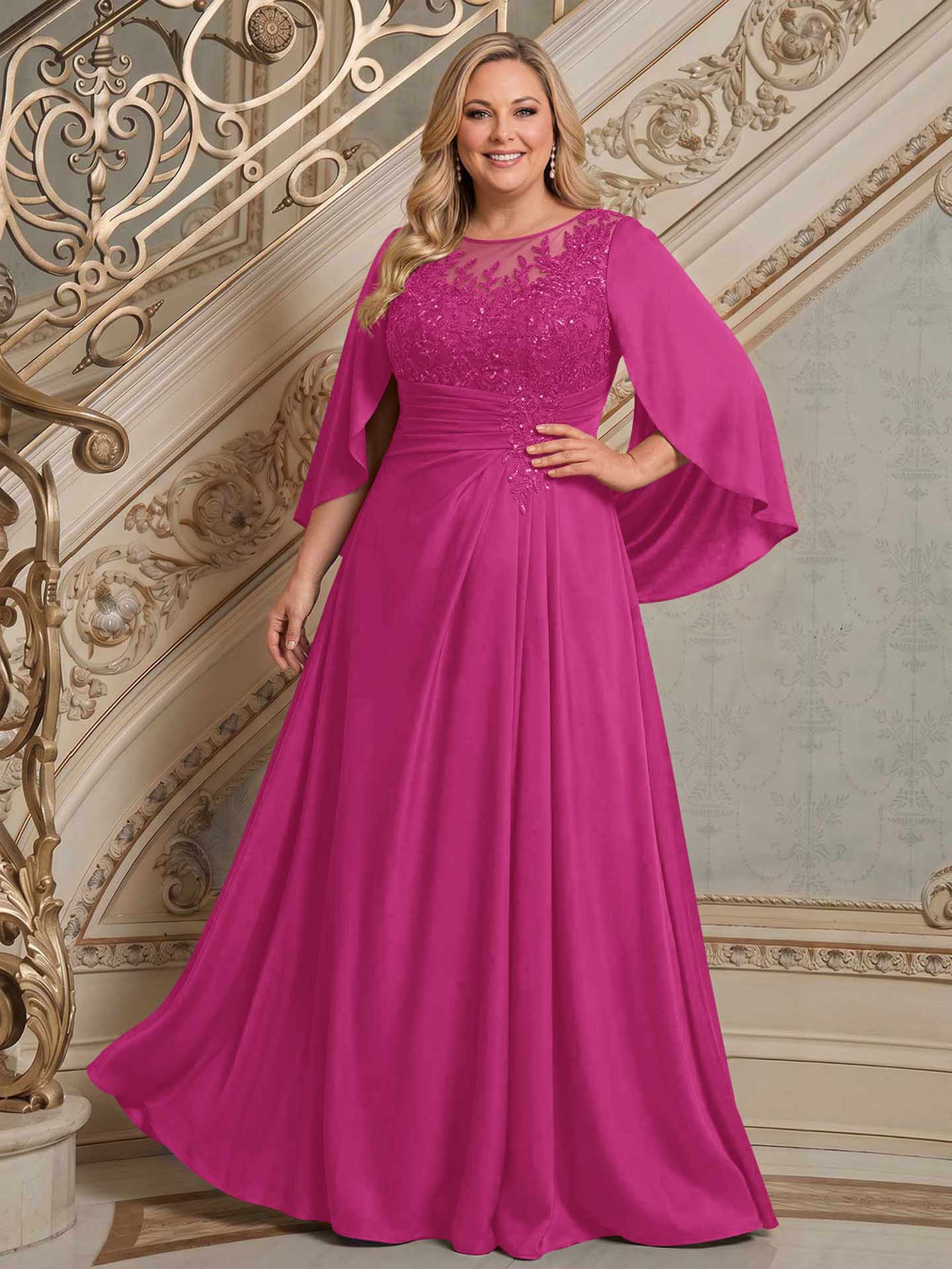 A-Line Scoop Neck Cape Sleeves Floor-Length Stretch Satin Mother Of The Bride Dresses