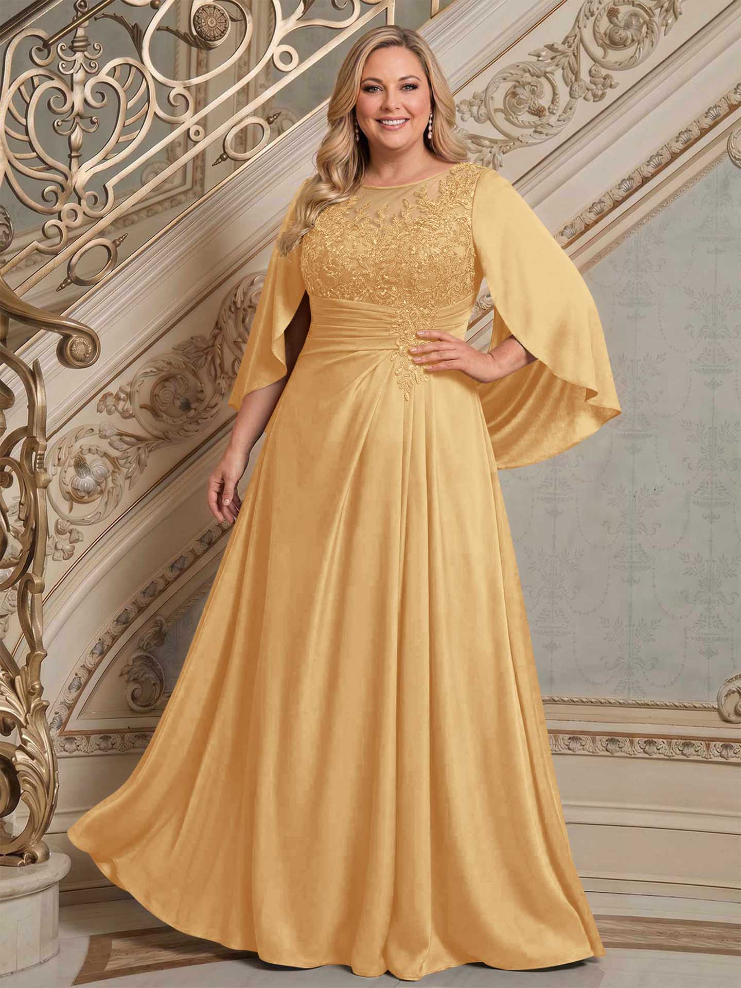 A-Line Scoop Neck Cape Sleeves Floor-Length Stretch Satin Mother Of The Bride Dresses