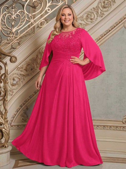 A-Line Scoop Neck Cape Sleeves Floor-Length Stretch Satin Mother Of The Bride Dresses