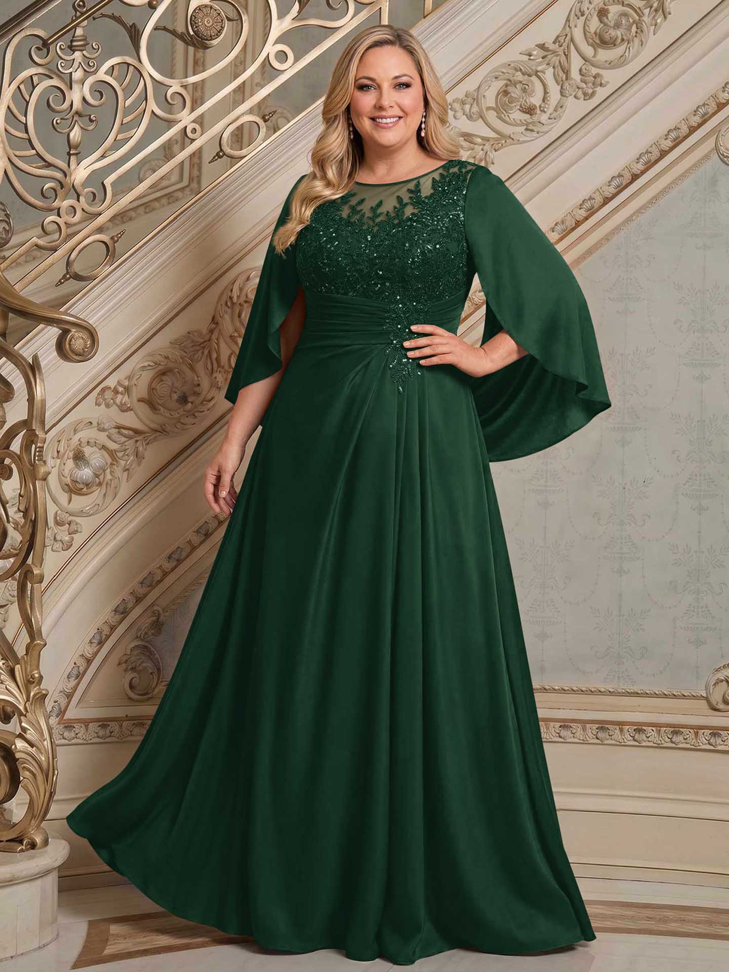 A-Line Scoop Neck Cape Sleeves Floor-Length Stretch Satin Mother Of The Bride Dresses