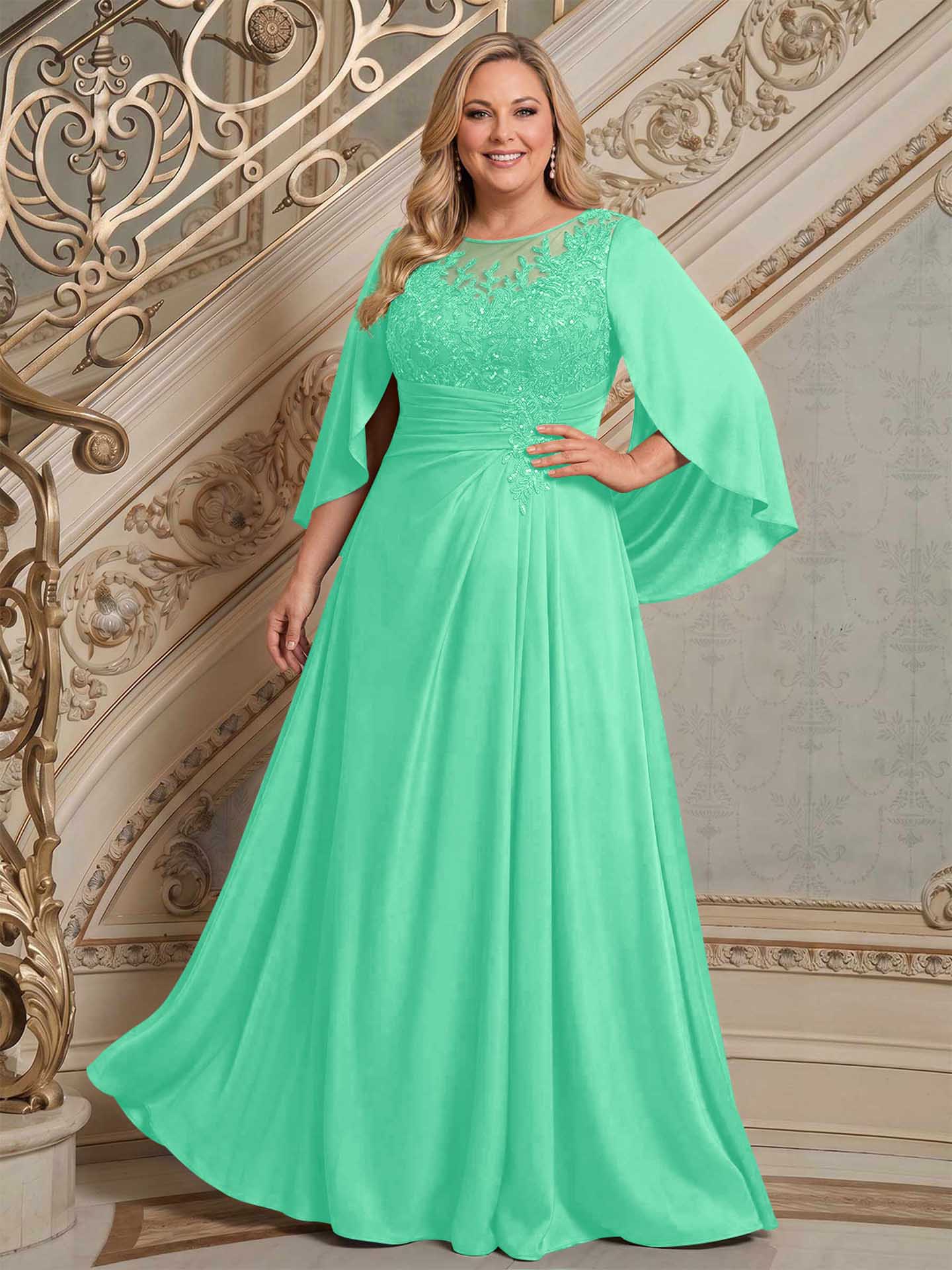 A-Line Scoop Neck Cape Sleeves Floor-Length Stretch Satin Mother Of The Bride Dresses
