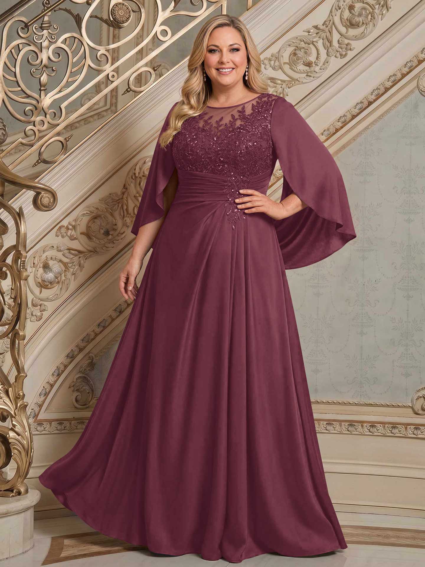 A-Line Scoop Neck Cape Sleeves Floor-Length Stretch Satin Mother Of The Bride Dresses