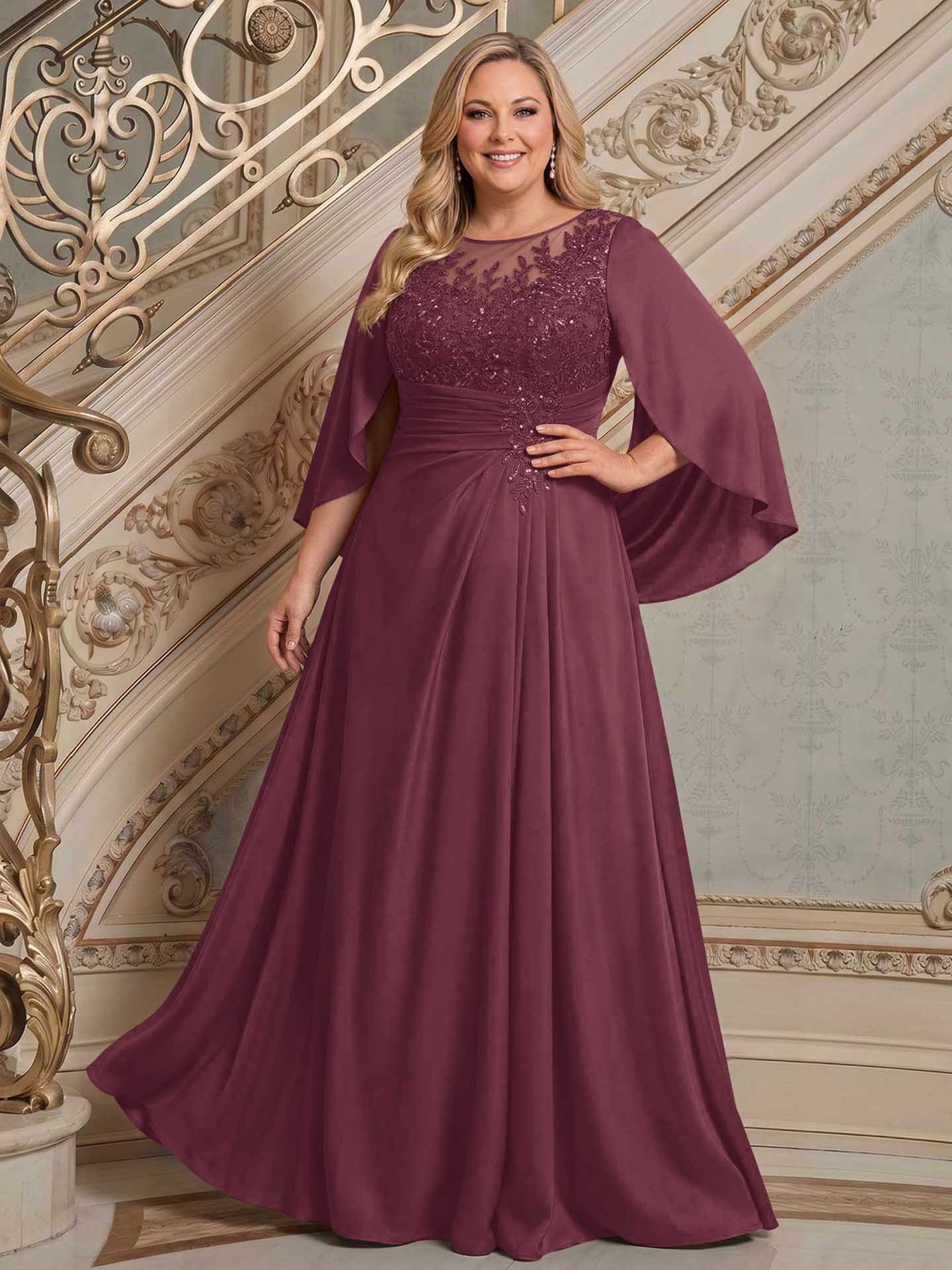 A-Line Scoop Neck Cape Sleeves Floor-Length Stretch Satin Mother Of The Bride Dresses