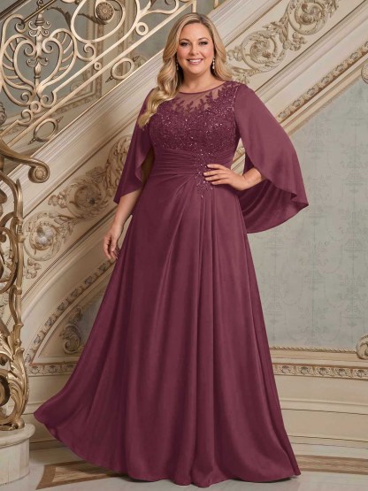 A-Line Scoop Neck Cape Sleeves Floor-Length Stretch Satin Mother Of The Bride Dresses