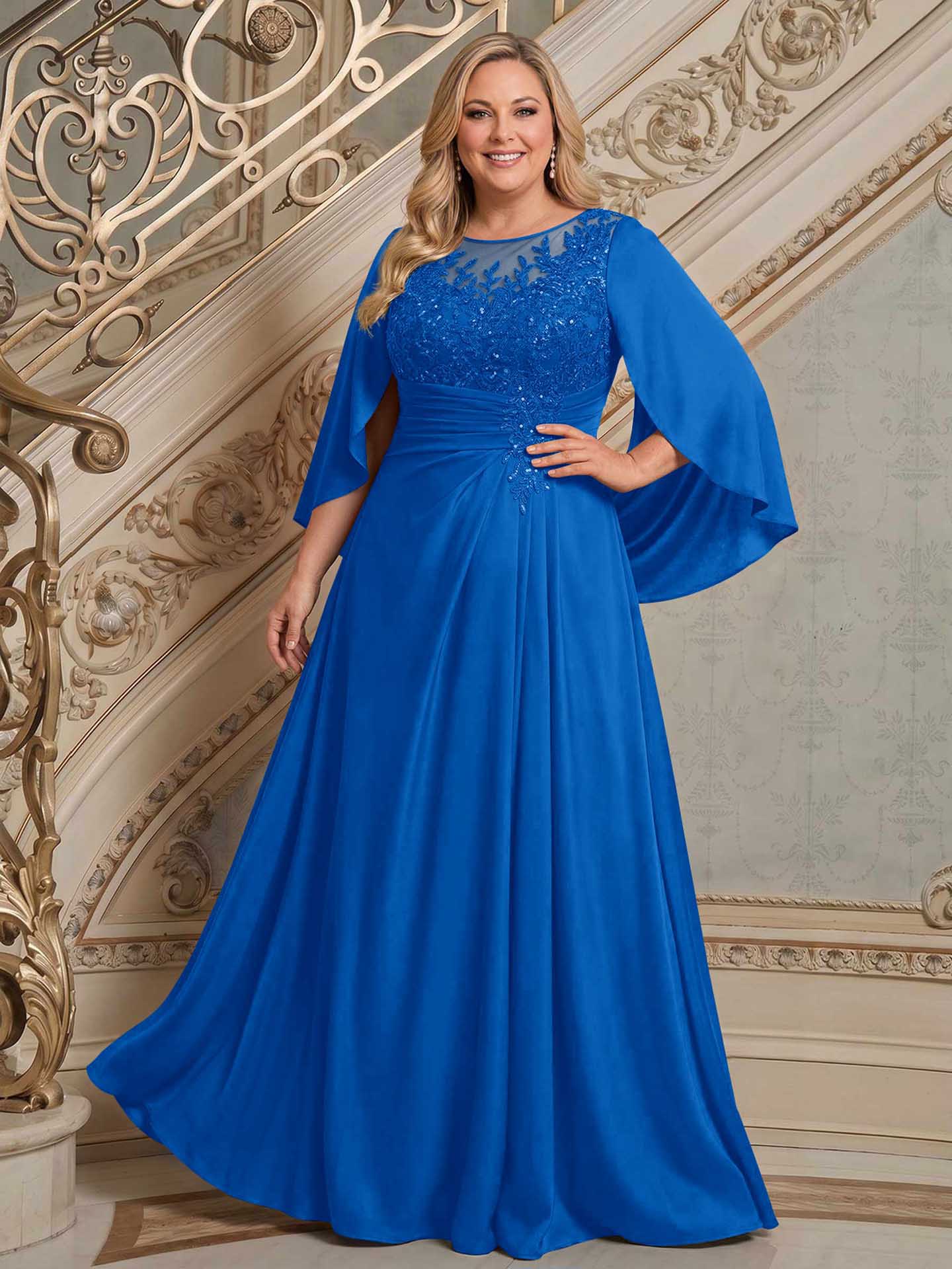 A-Line Scoop Neck Cape Sleeves Floor-Length Stretch Satin Mother Of The Bride Dresses