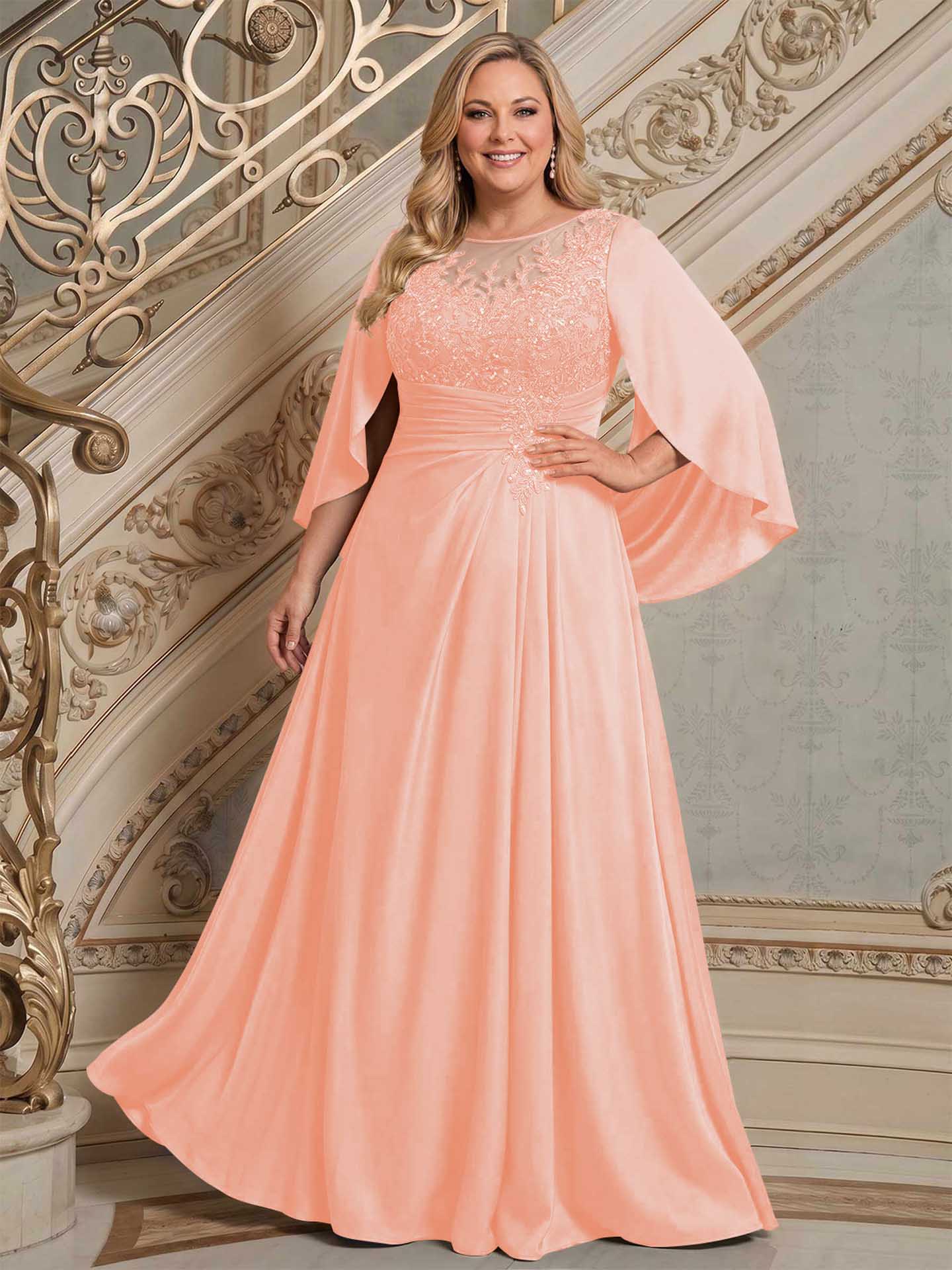 A-Line Scoop Neck Cape Sleeves Floor-Length Stretch Satin Mother Of The Bride Dresses