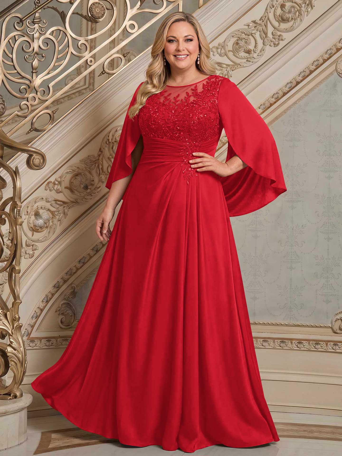 A-Line Scoop Neck Cape Sleeves Floor-Length Stretch Satin Mother Of The Bride Dresses