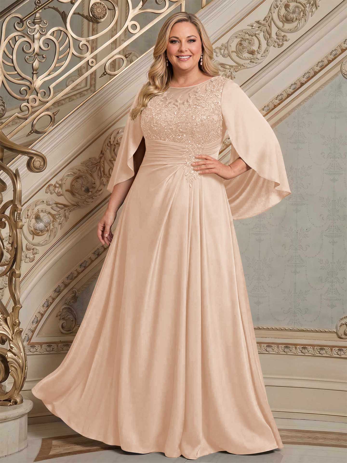 A-Line Scoop Neck Cape Sleeves Floor-Length Stretch Satin Mother Of The Bride Dresses