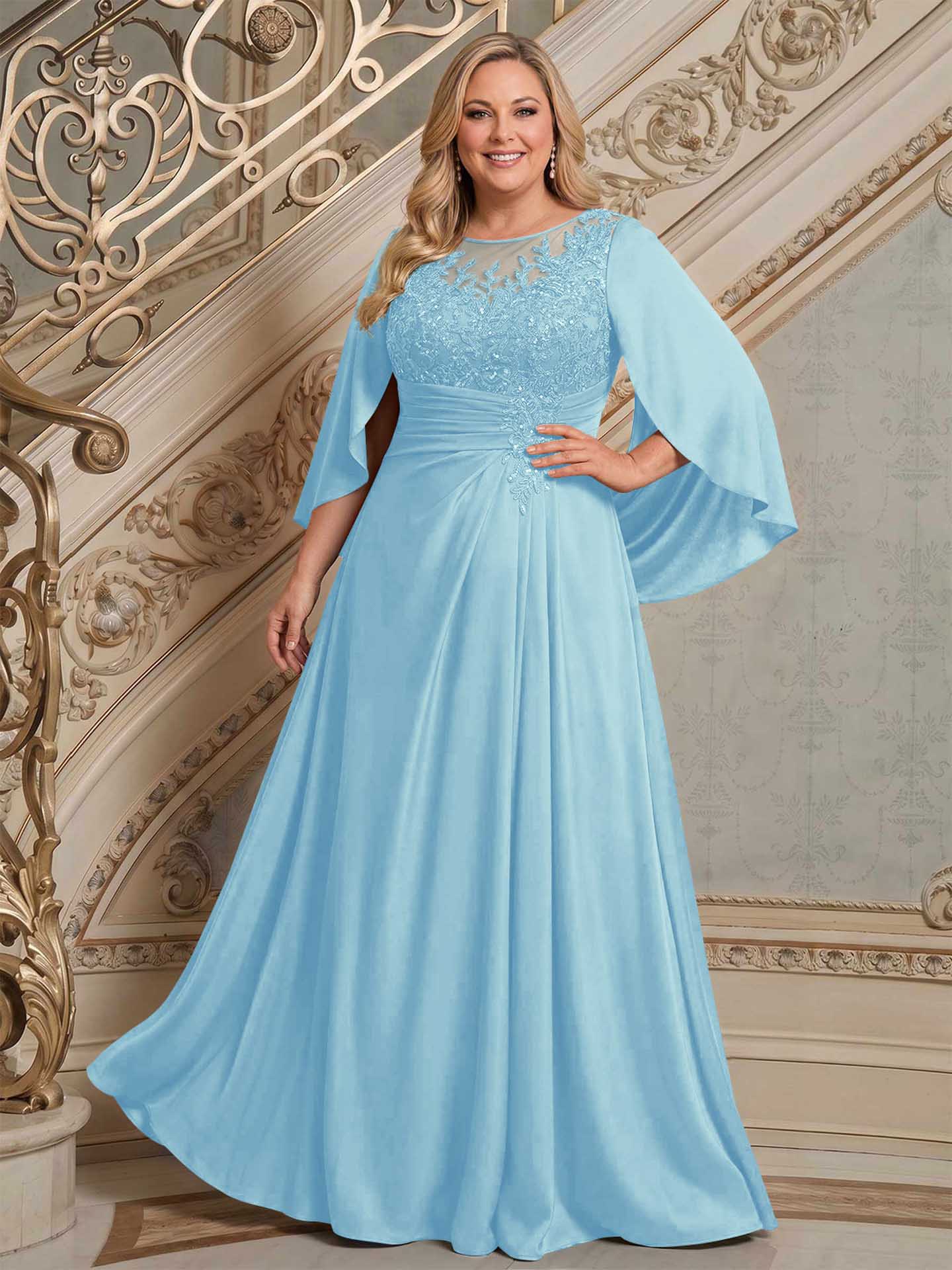 A-Line Scoop Neck Cape Sleeves Floor-Length Stretch Satin Mother Of The Bride Dresses