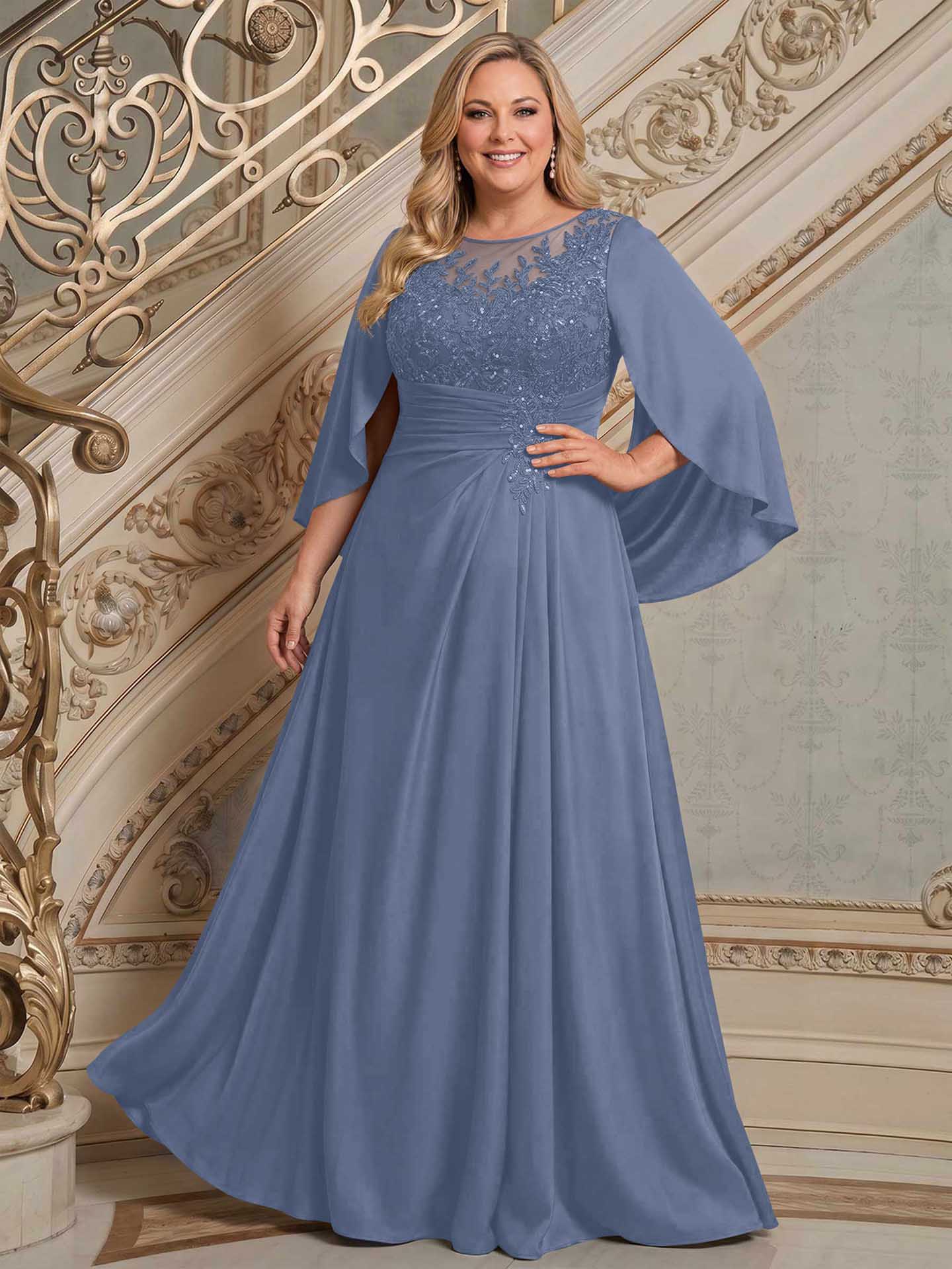 A-Line Scoop Neck Cape Sleeves Floor-Length Stretch Satin Mother Of The Bride Dresses