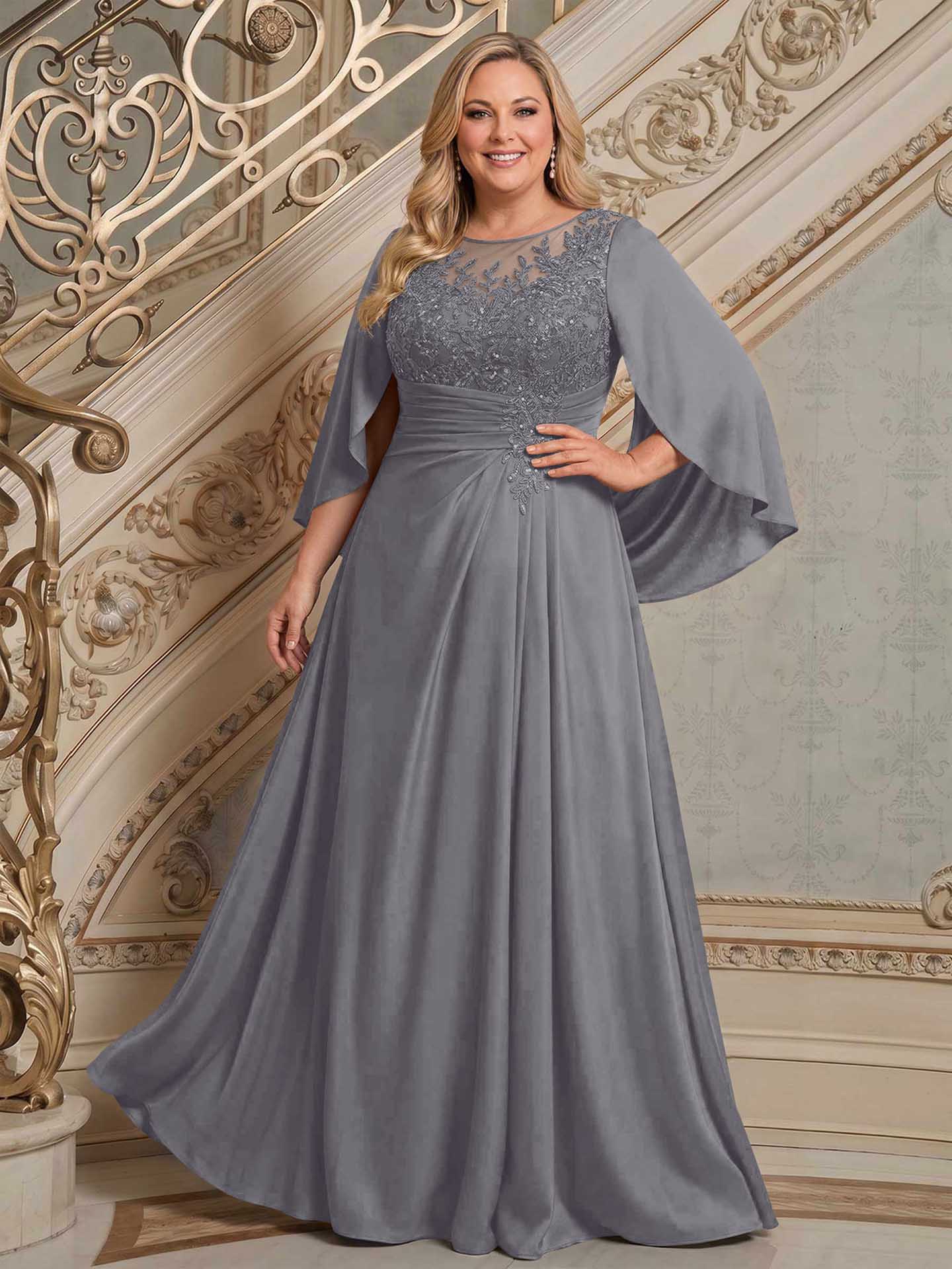 A-Line Scoop Neck Cape Sleeves Floor-Length Stretch Satin Mother Of The Bride Dresses