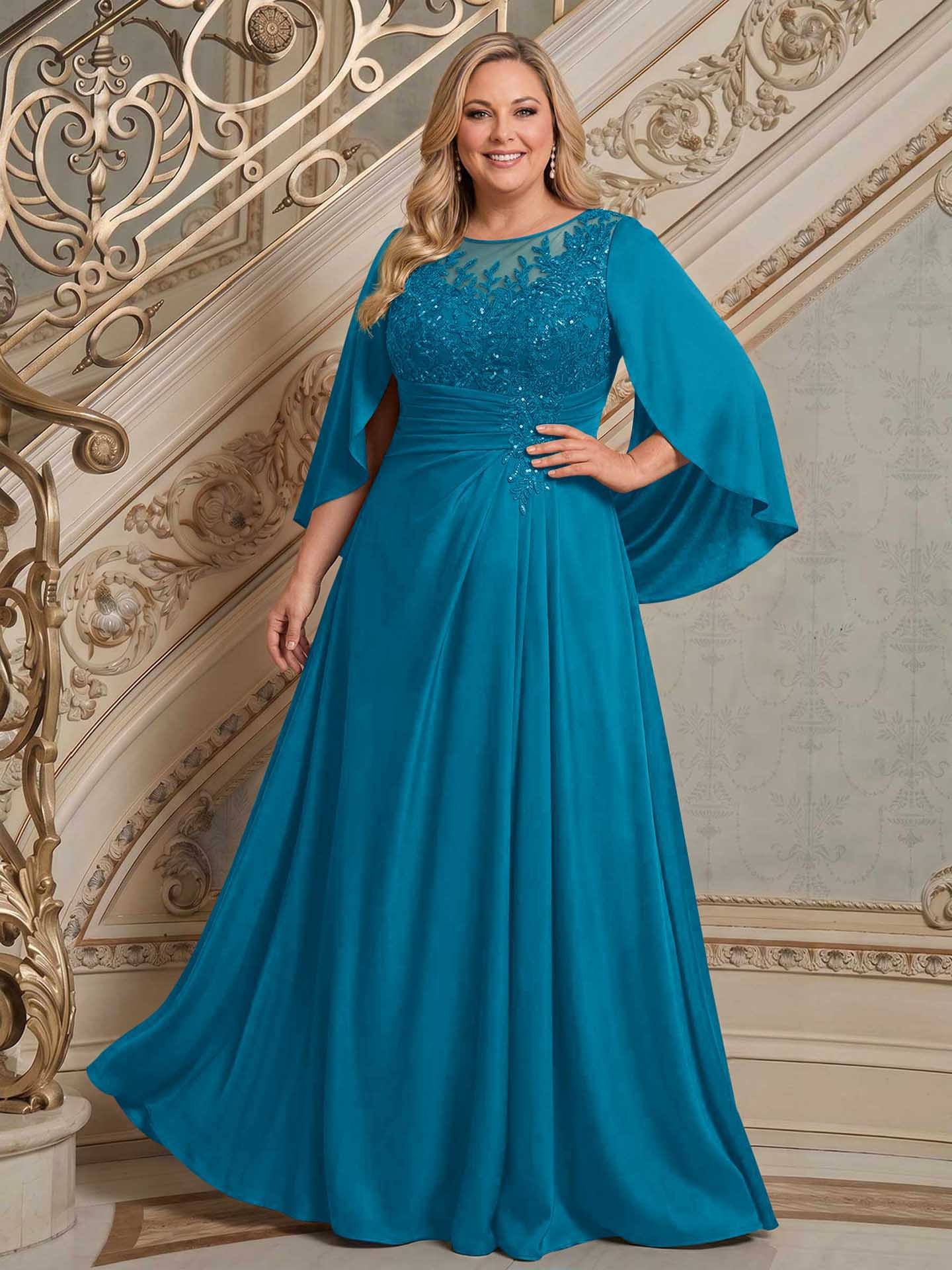 A-Line Scoop Neck Cape Sleeves Floor-Length Stretch Satin Mother Of The Bride Dresses