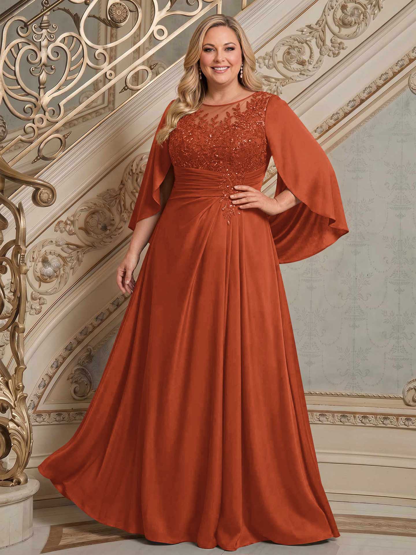 A-Line Scoop Neck Cape Sleeves Floor-Length Stretch Satin Mother Of The Bride Dresses