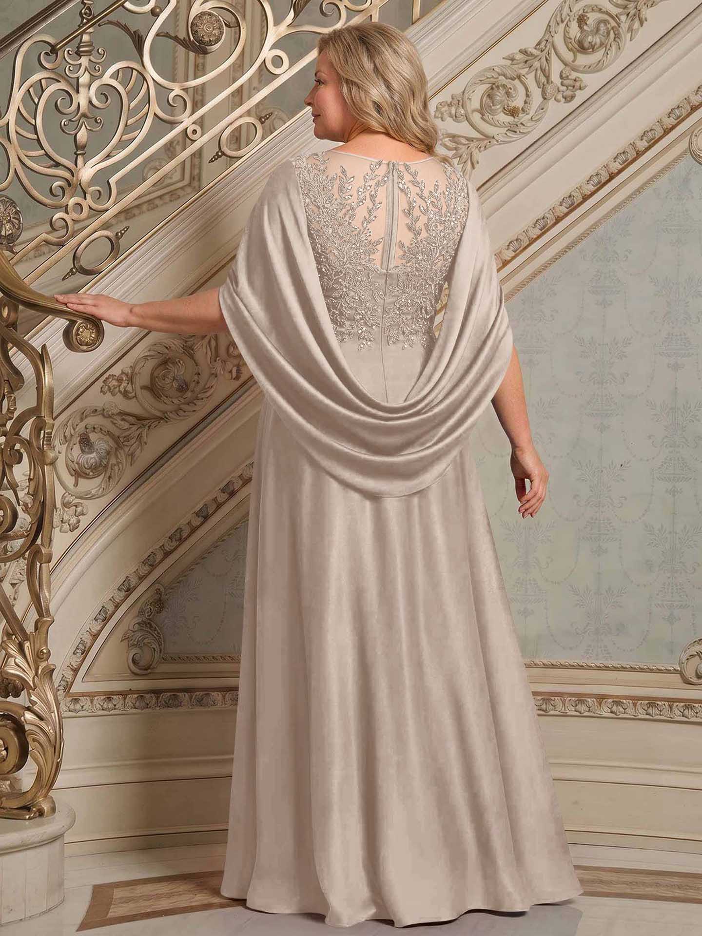 A-Line Scoop Neck Cape Sleeves Floor-Length Stretch Satin Mother Of The Bride Dresses
