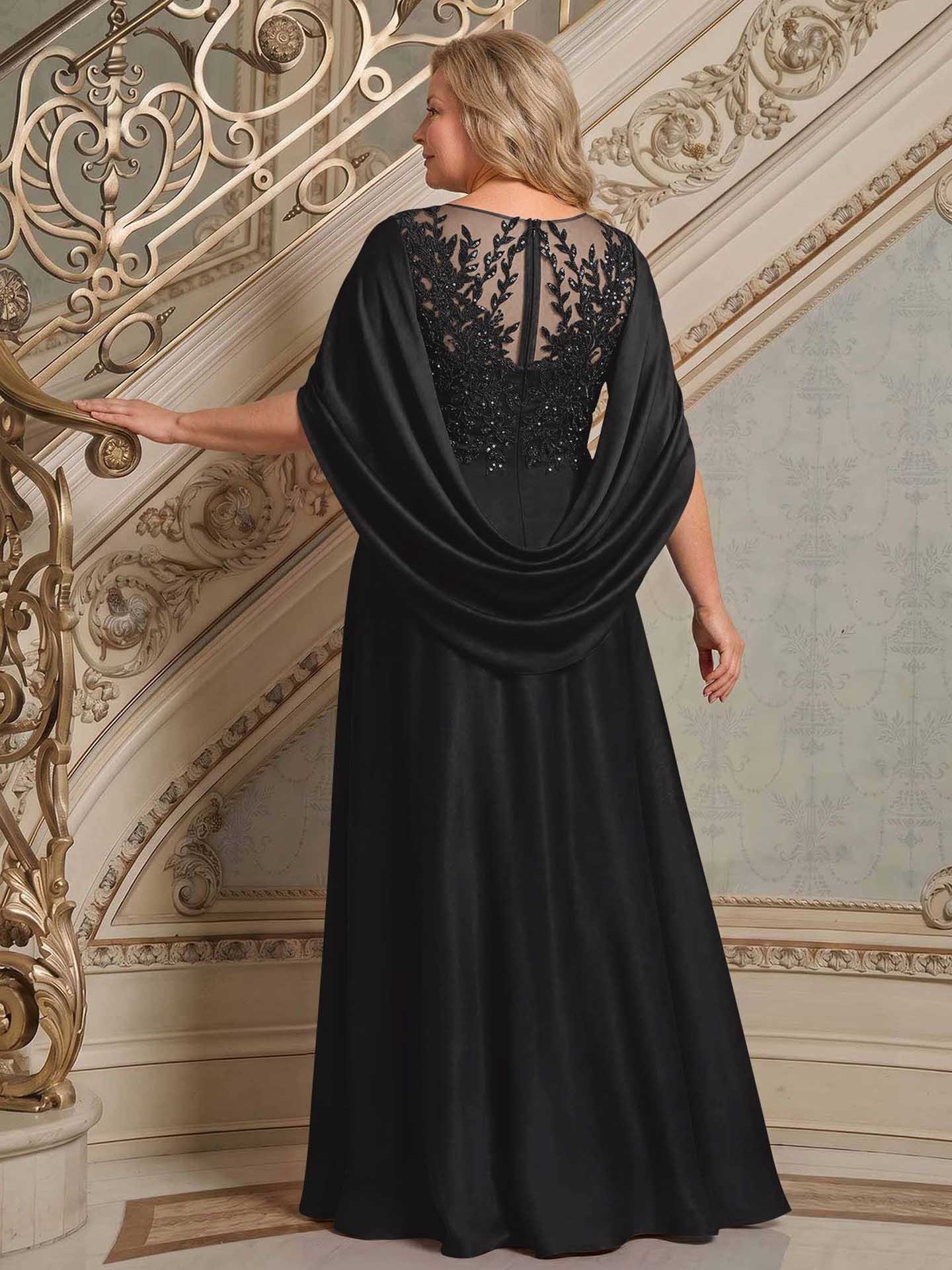 A-Line Scoop Neck Cape Sleeves Floor-Length Stretch Satin Mother Of The Bride Dresses