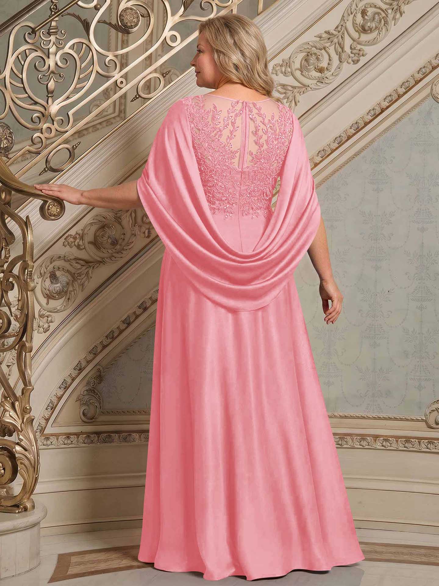 A-Line Scoop Neck Cape Sleeves Floor-Length Stretch Satin Mother Of The Bride Dresses
