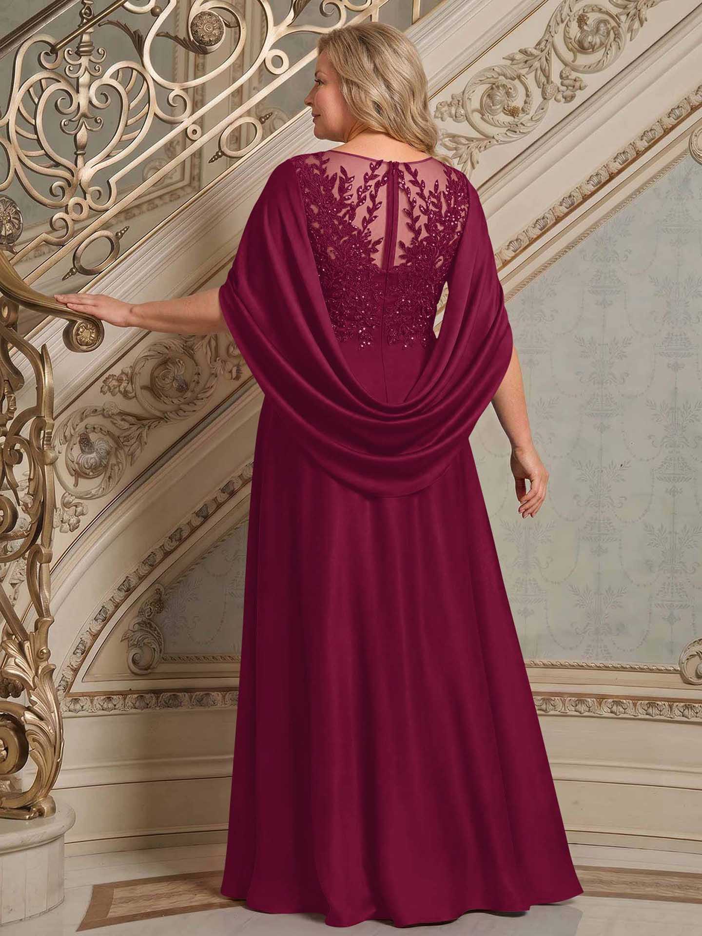 A-Line Scoop Neck Cape Sleeves Floor-Length Stretch Satin Mother Of The Bride Dresses