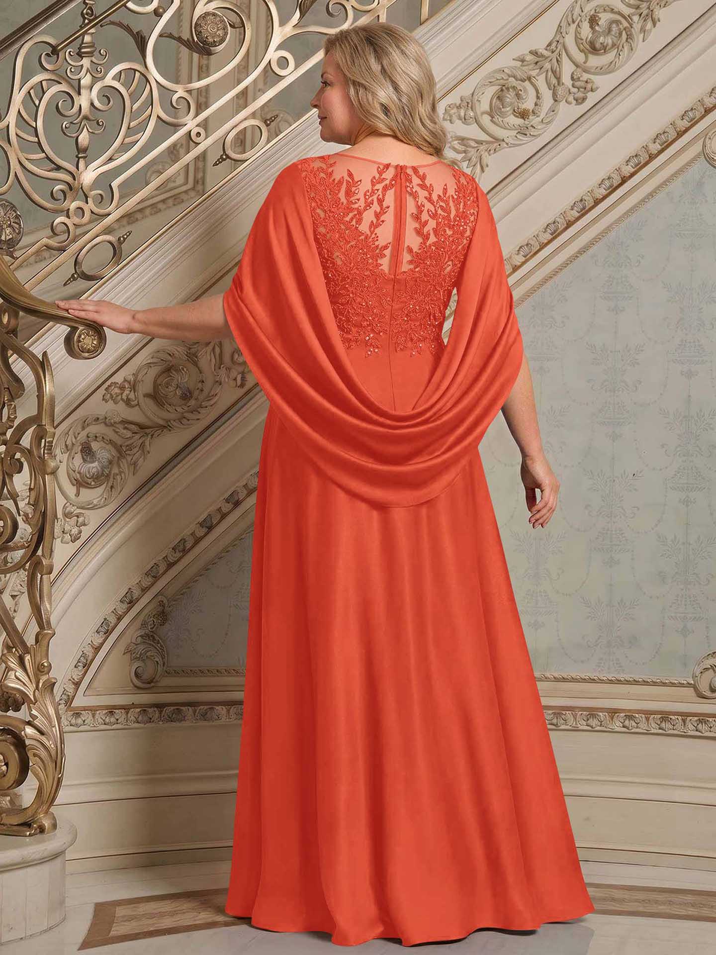 A-Line Scoop Neck Cape Sleeves Floor-Length Stretch Satin Mother Of The Bride Dresses