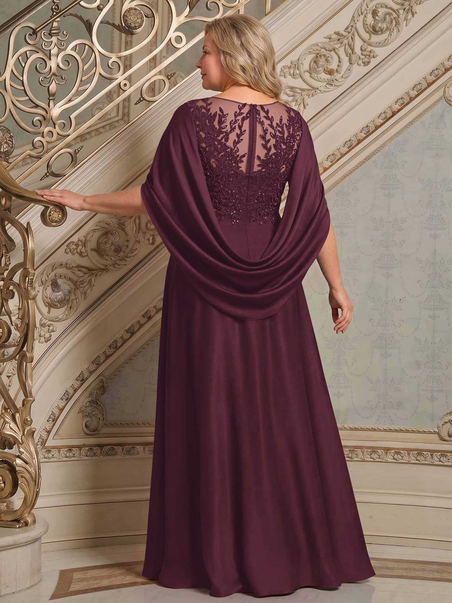 A-Line Scoop Neck Cape Sleeves Floor-Length Stretch Satin Mother Of The Bride Dresses
