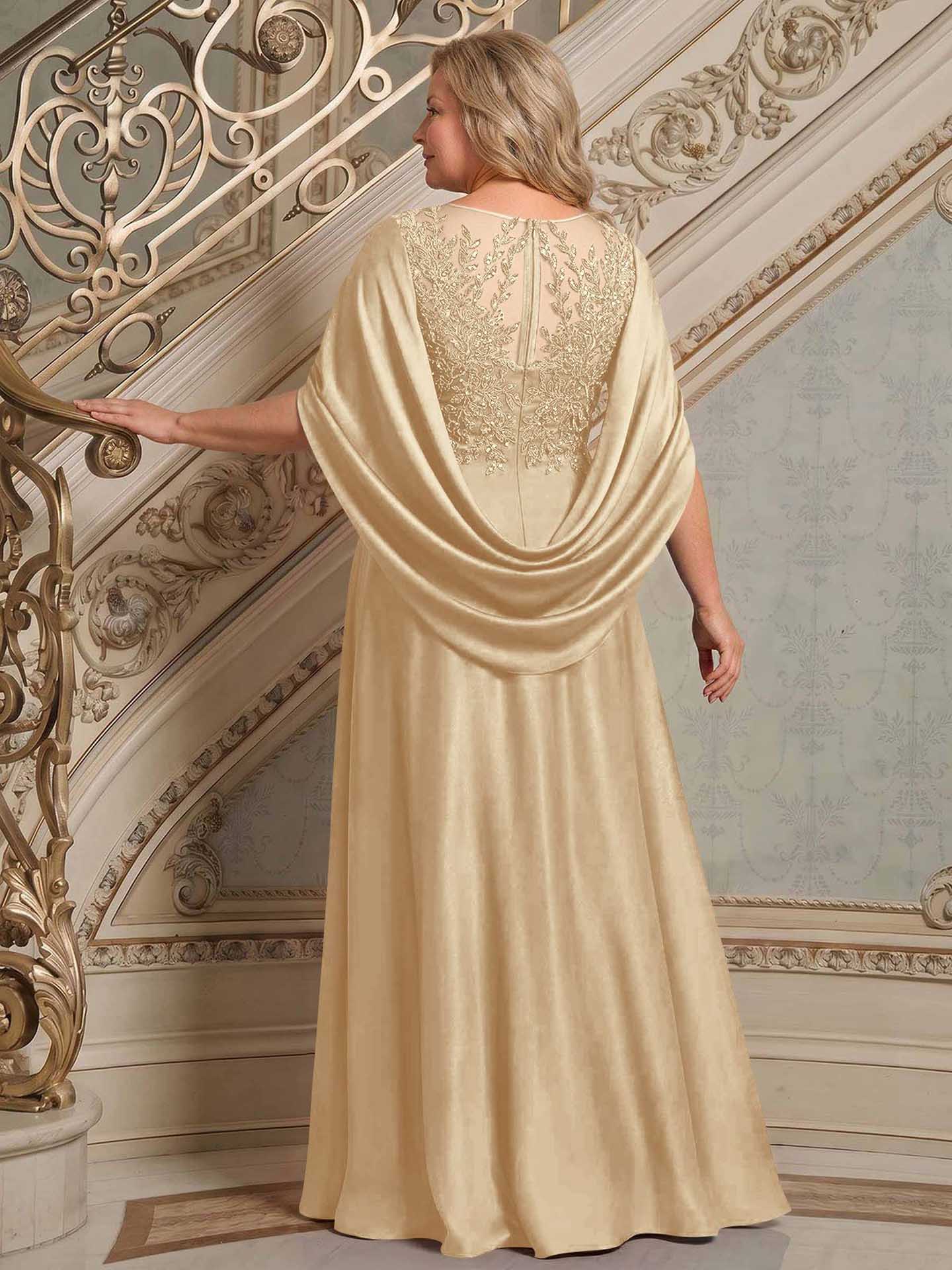 A-Line Scoop Neck Cape Sleeves Floor-Length Stretch Satin Mother Of The Bride Dresses