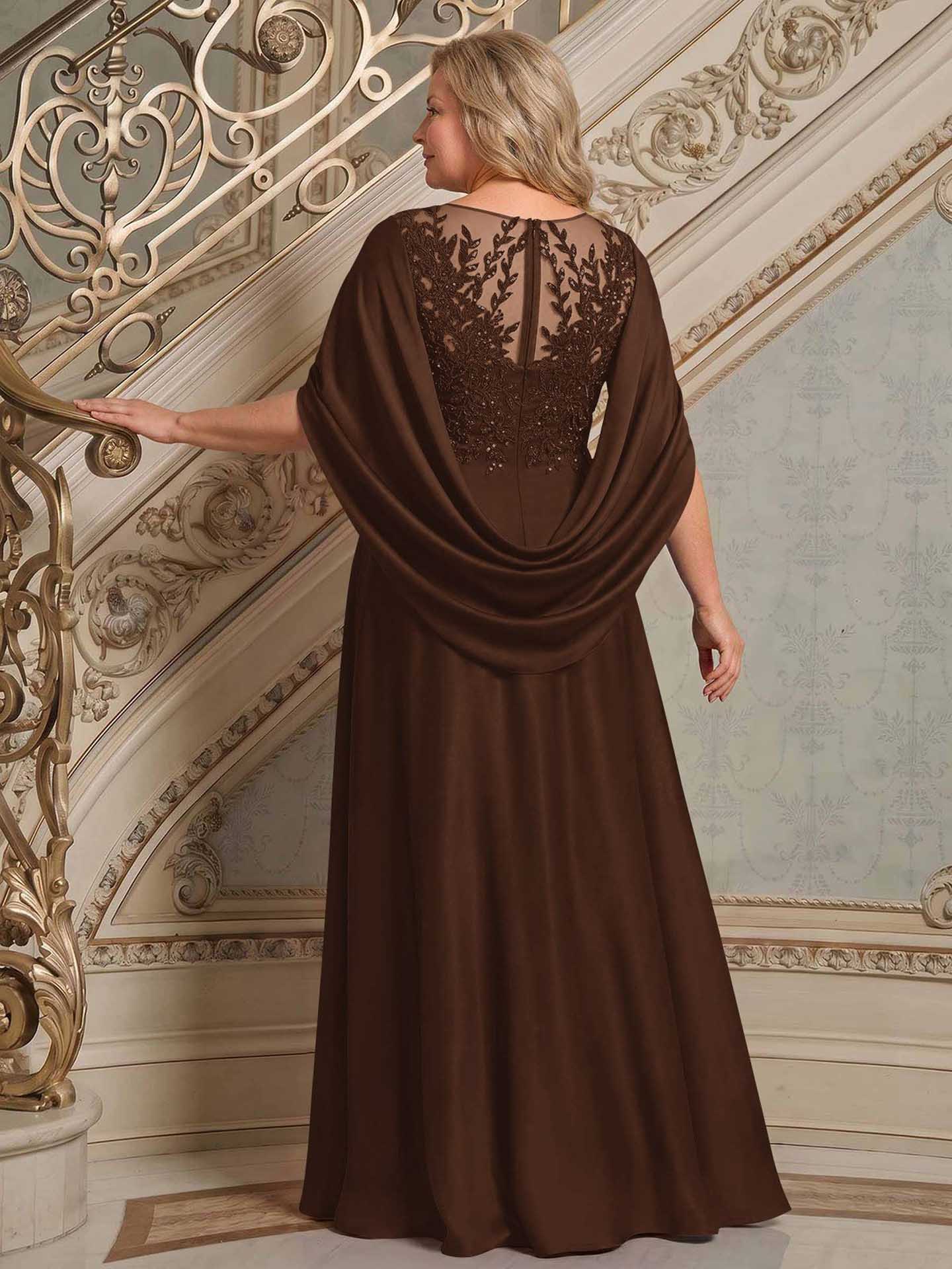 A-Line Scoop Neck Cape Sleeves Floor-Length Stretch Satin Mother Of The Bride Dresses