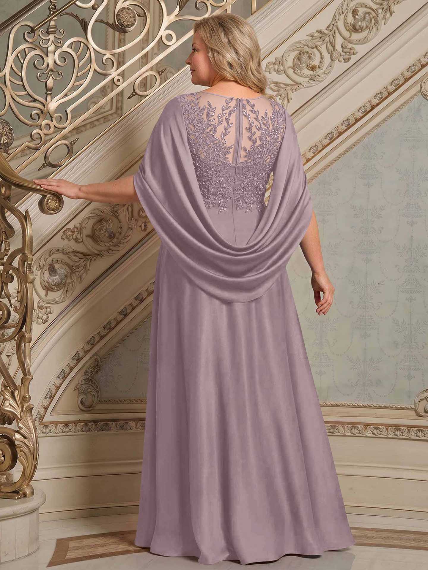 A-Line Scoop Neck Cape Sleeves Floor-Length Stretch Satin Mother Of The Bride Dresses