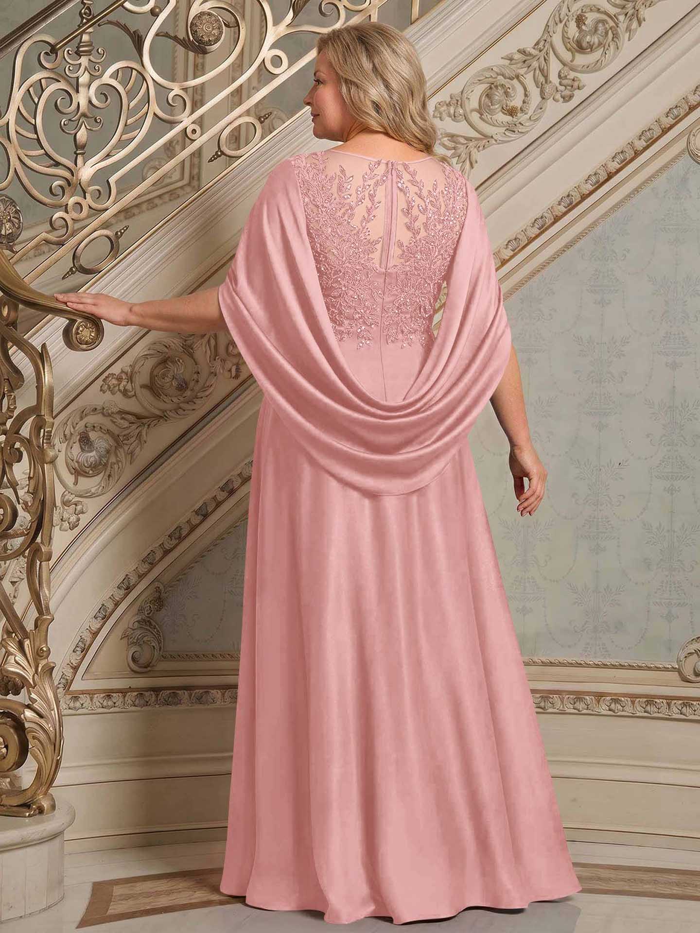 A-Line Scoop Neck Cape Sleeves Floor-Length Stretch Satin Mother Of The Bride Dresses