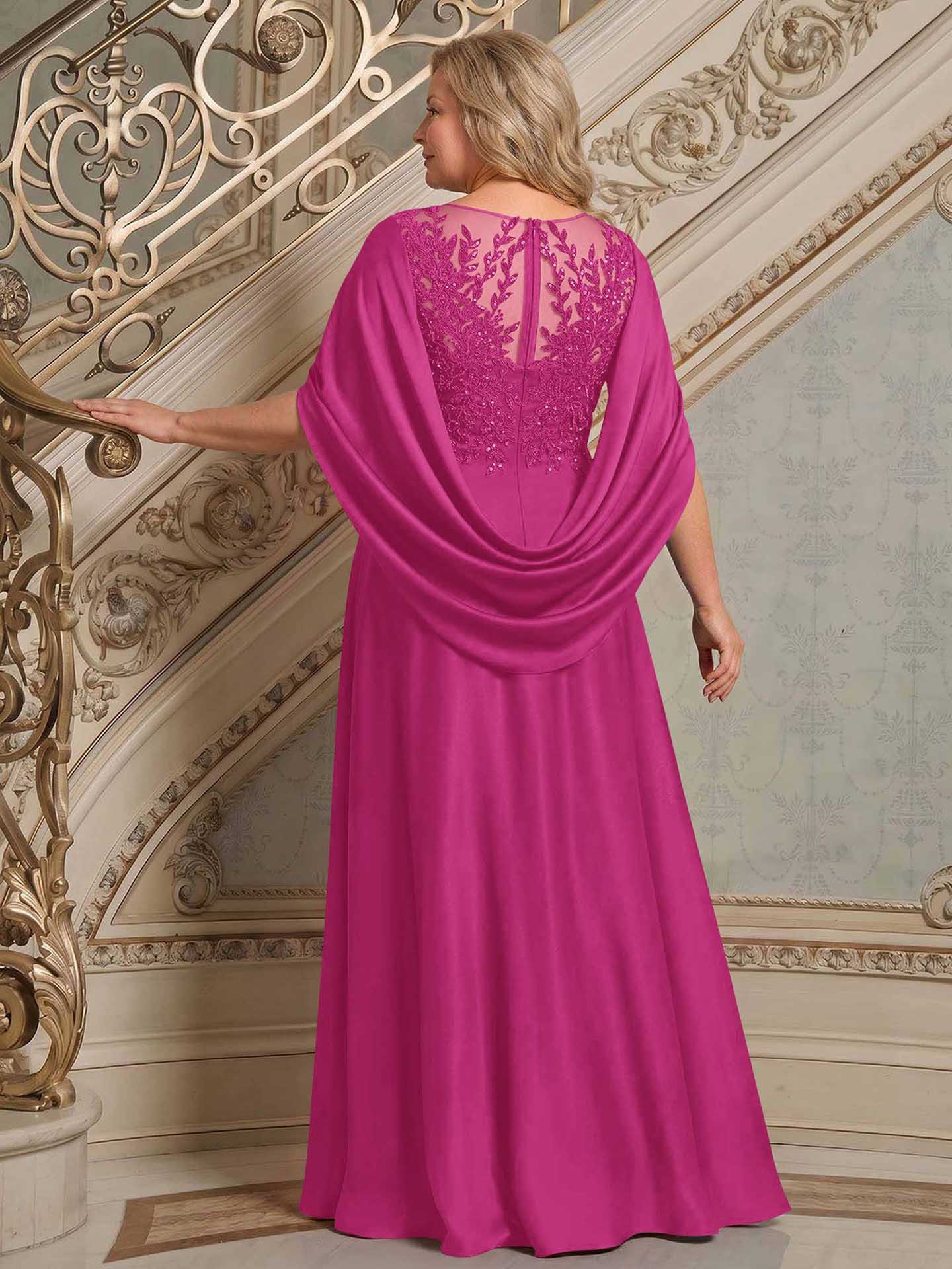 A-Line Scoop Neck Cape Sleeves Floor-Length Stretch Satin Mother Of The Bride Dresses