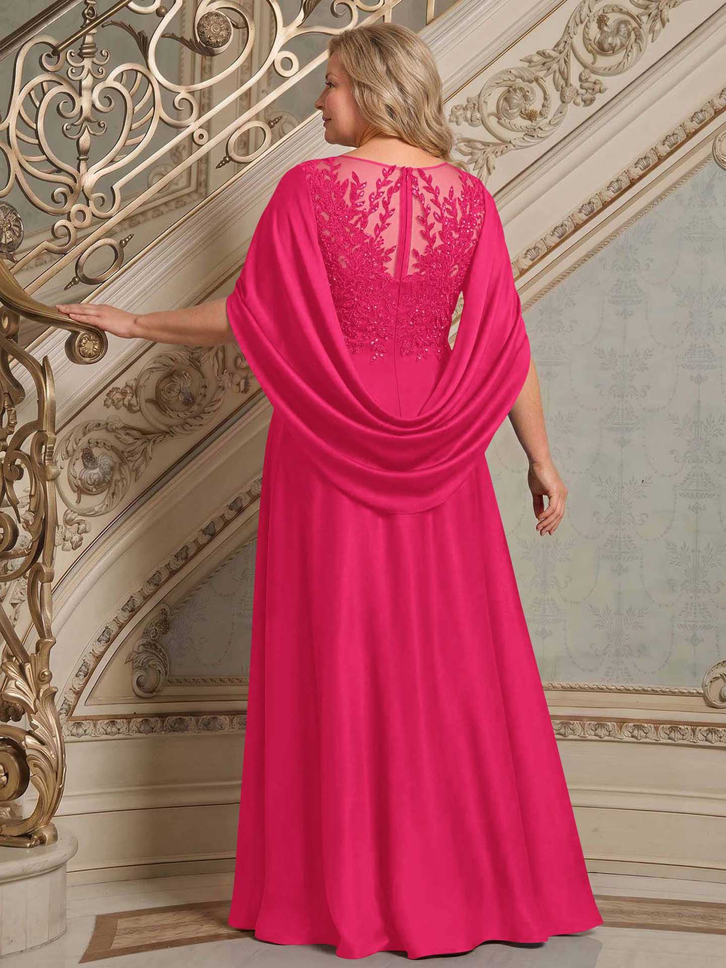 A-Line Scoop Neck Cape Sleeves Floor-Length Stretch Satin Mother Of The Bride Dresses