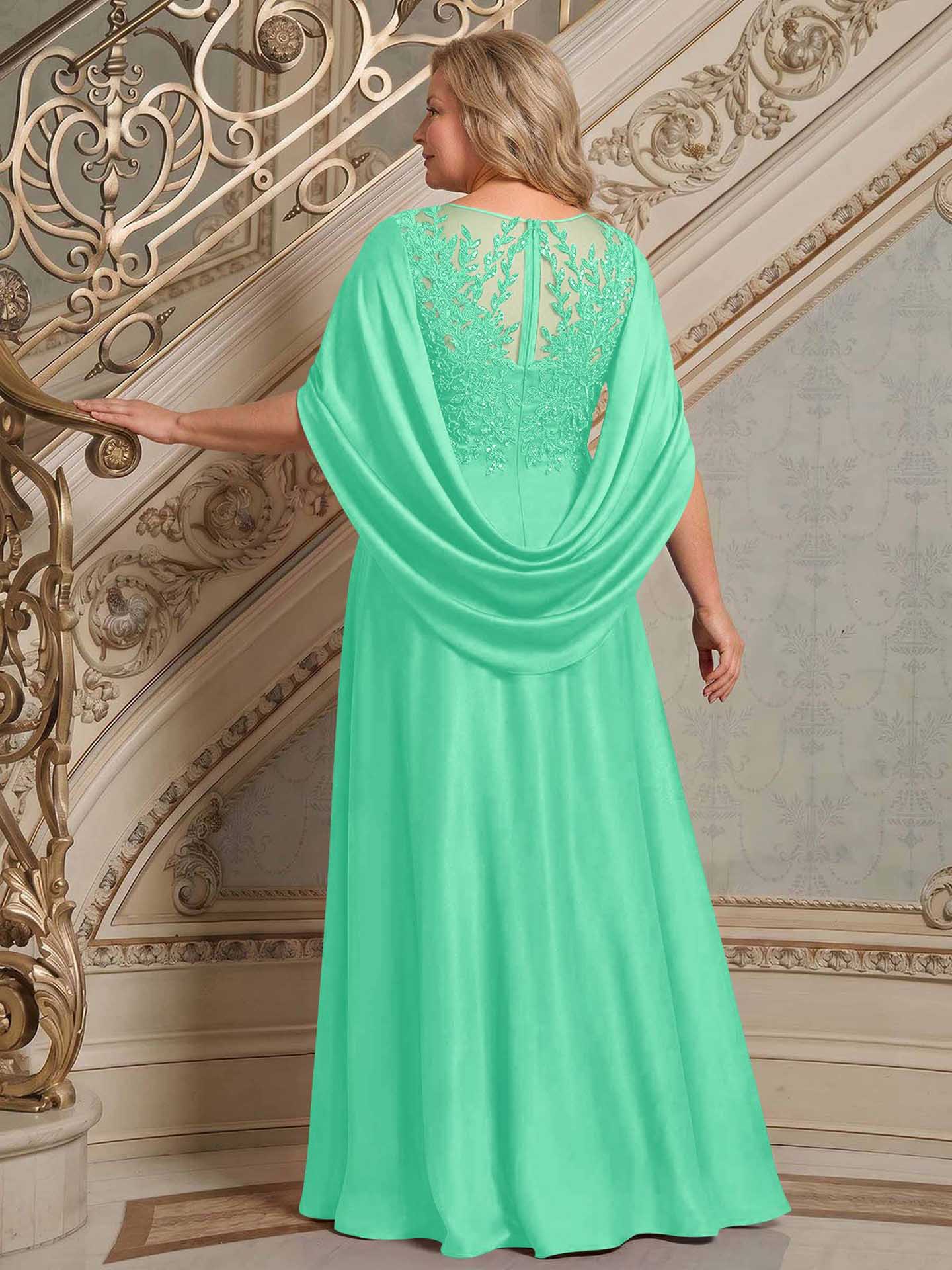 A-Line Scoop Neck Cape Sleeves Floor-Length Stretch Satin Mother Of The Bride Dresses